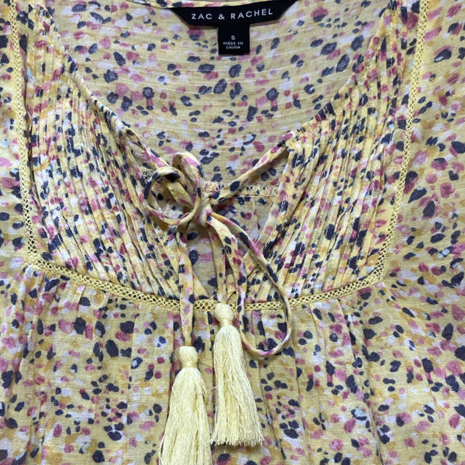 Zac & Rachel S Yellow Pink Print Pleated Tasseled Tie V Neck Blouse