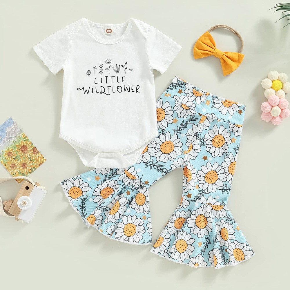 Baby Girl Bell Bottom Infant Clothes Ruffle Romper Tops Flare Pant Headband Set