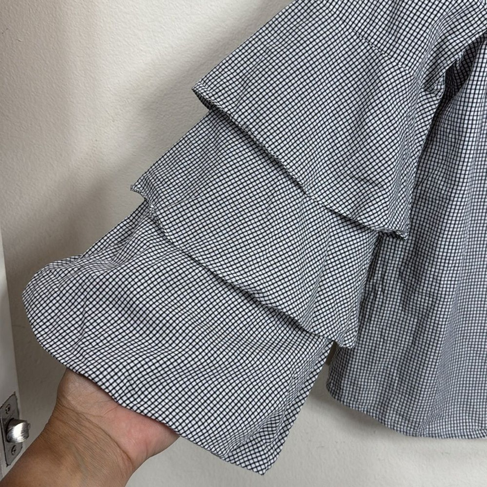 (T6) WAYF Gingham Blouse with Long Bell Sleeves and V-Neckline, Fully Lined,Sz S