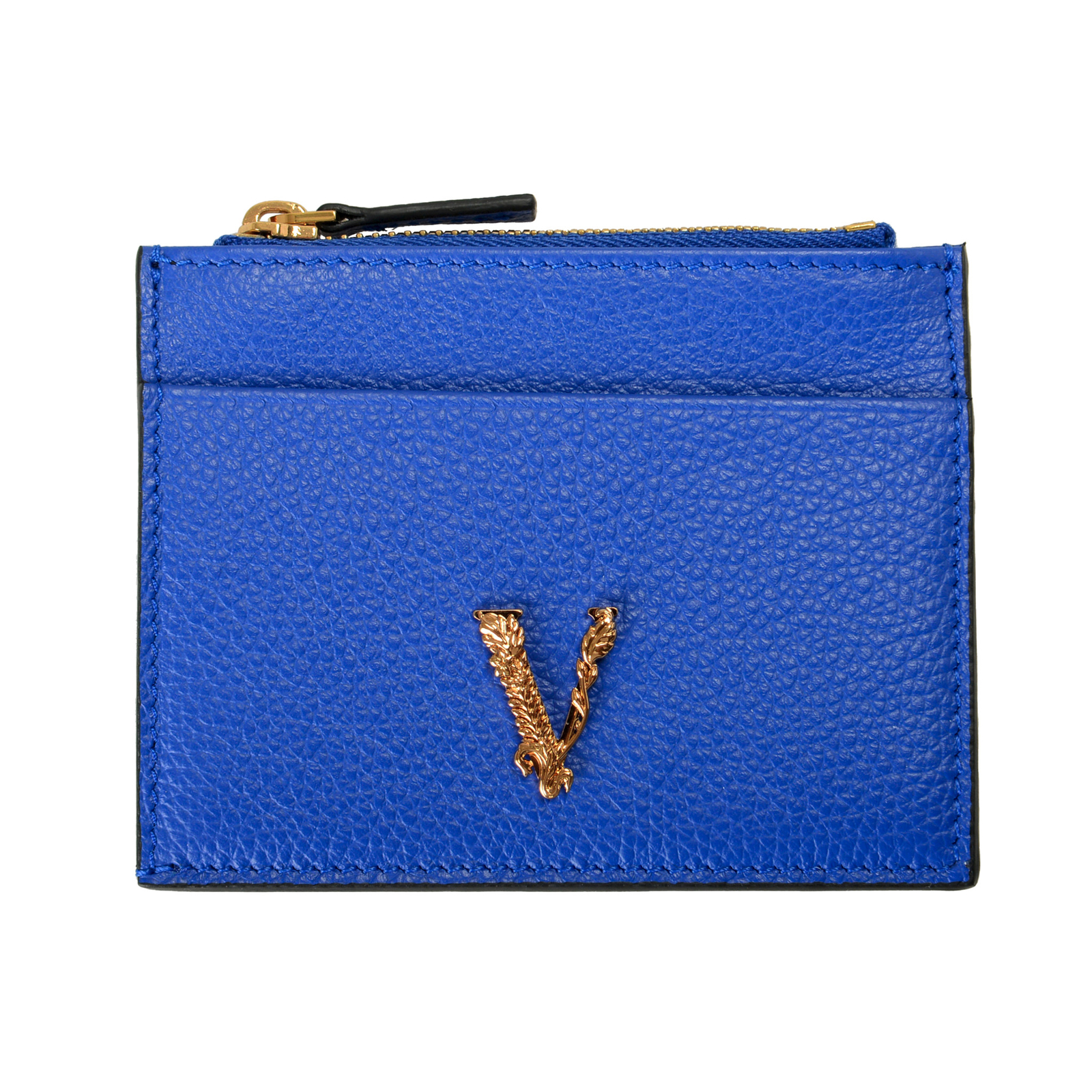 Versace Women’s Royal Blue 100% Textured Leather V-Logo Card Case