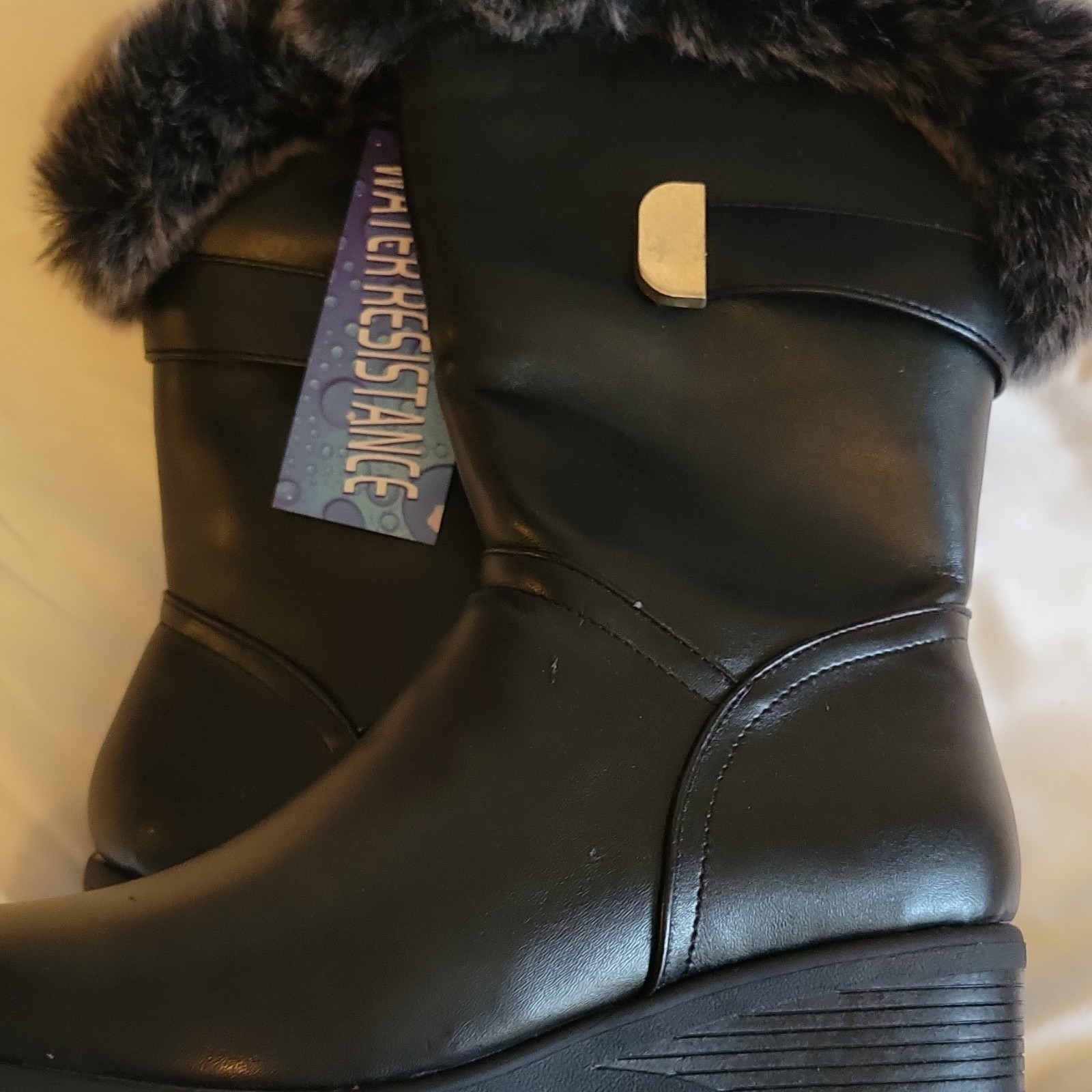 Forest Women’s Black Snow Boots Water Resistant Faux Fur Trim Mid-Calf Wedge 6W