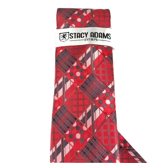 Stacy Adams Men’s Tie Hanky Set Red Pink Charcoal Gray Plaids 3.25 Inches Wide