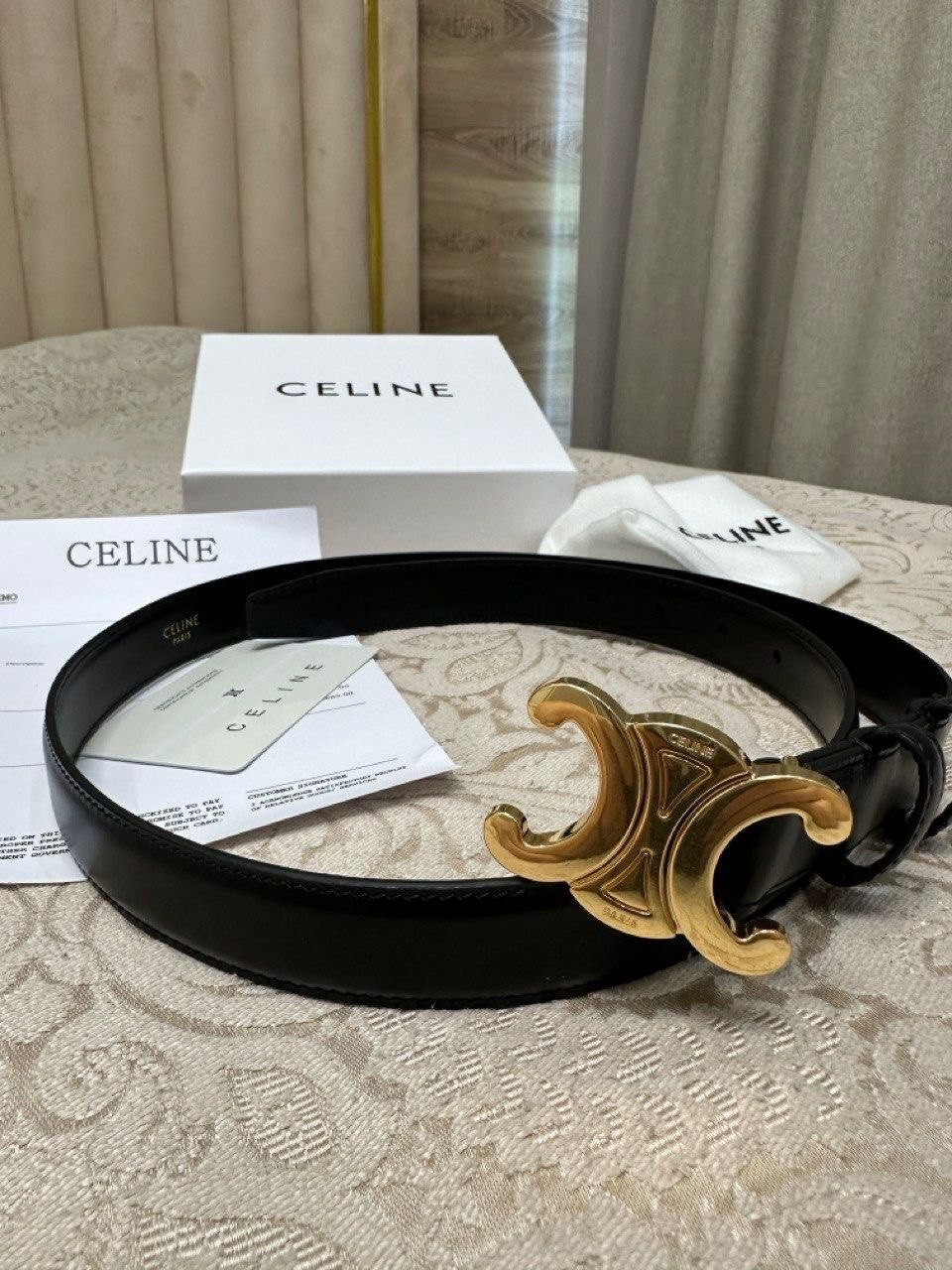CELINE Triomphe Belt Black Smooth Leather Gold Buckle Logo Box Dustbag Size 85