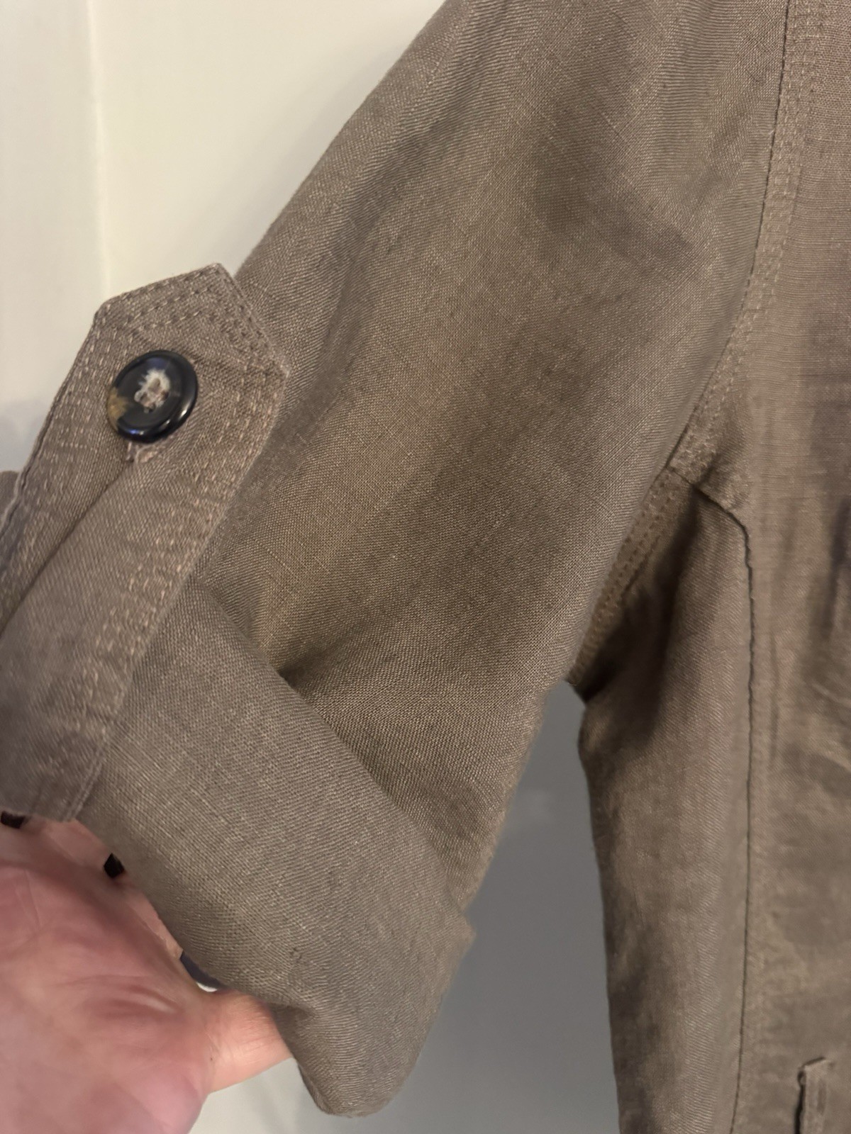 Women’s 100% Linen Button Front Utility Shirt Earthy Neutral Relaxed Sz 12