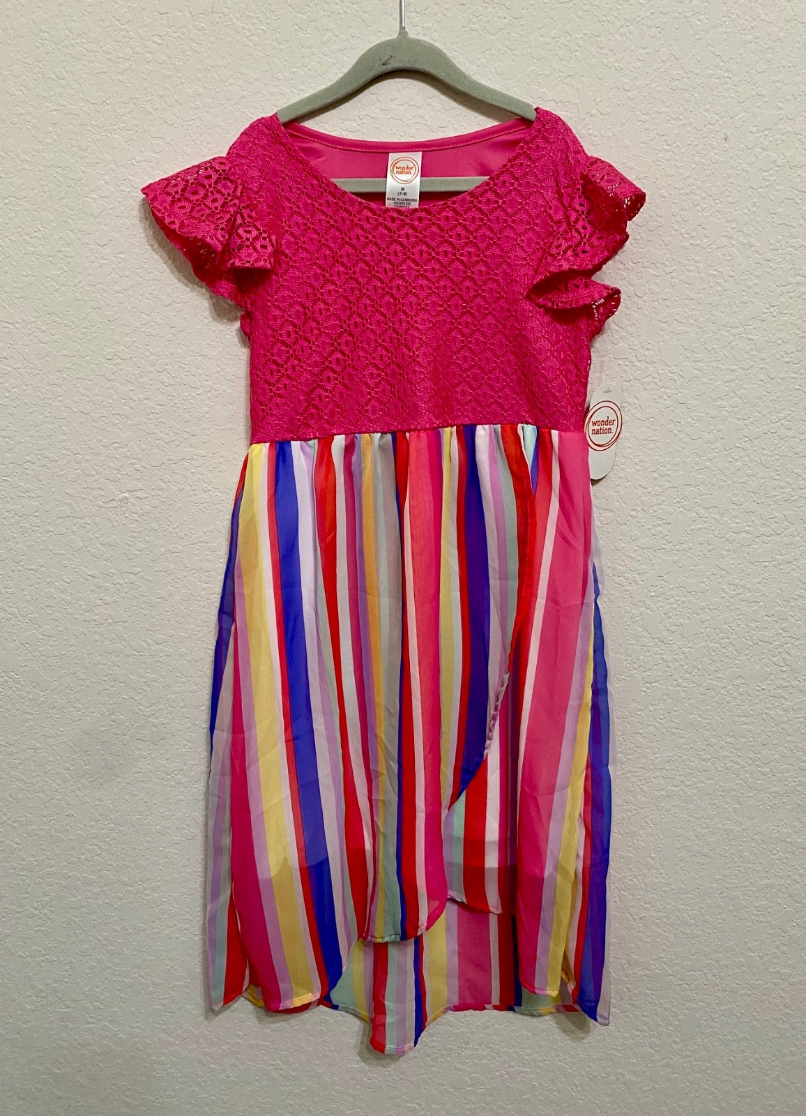 Wonder Nation Girls Lace Embroidered Pink Top Chiffon Stripe Dress Size M 7-8