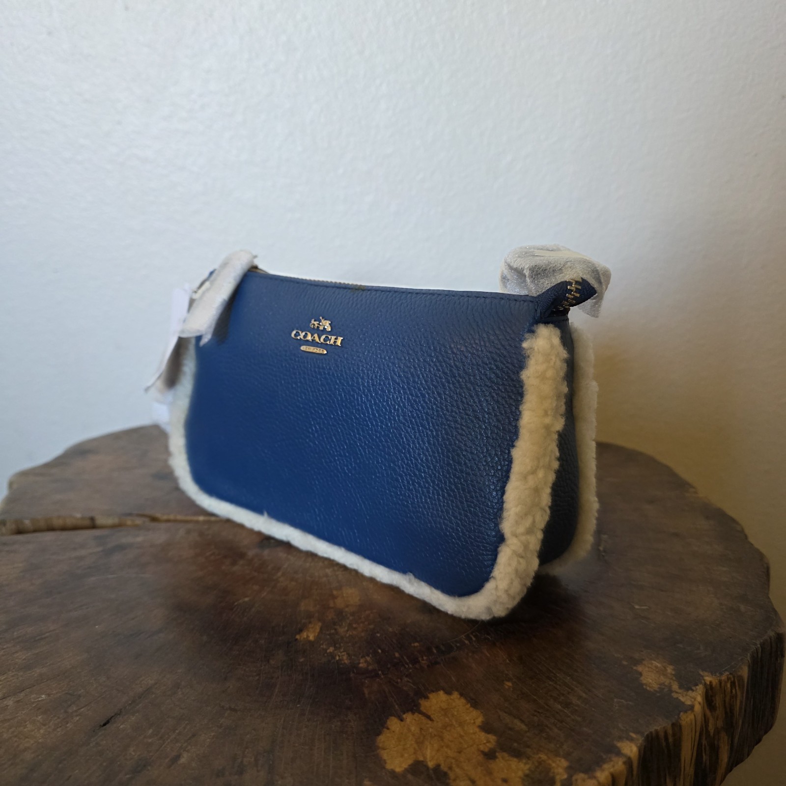 Coach Nolita 19 Shearling Blue Pebble Leather Wristlet Chain Bag NWT