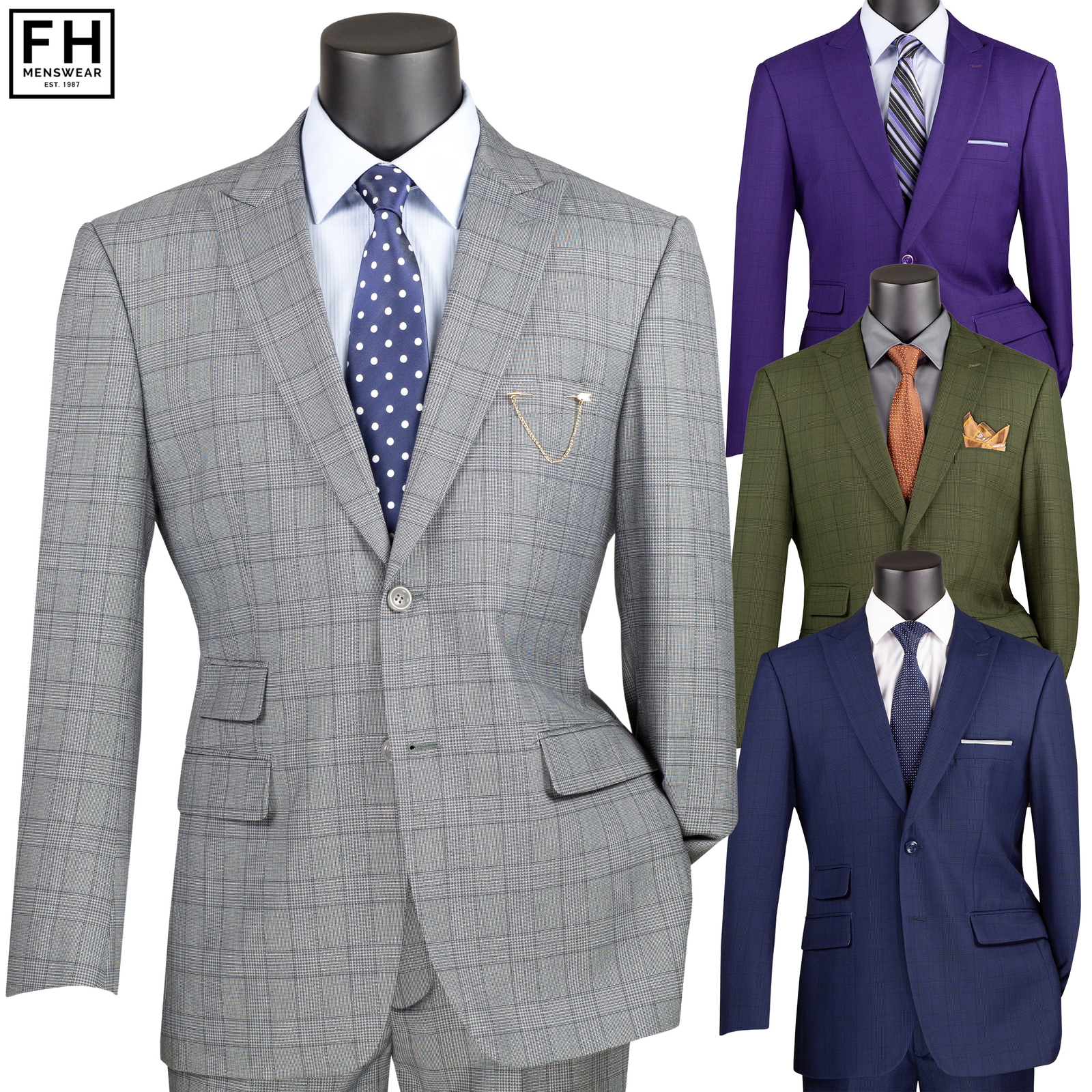 VINCI Men’s Glen Plaid 2-Button Modern Fit Business Suit 36S-56L, 4 Colors – NEW