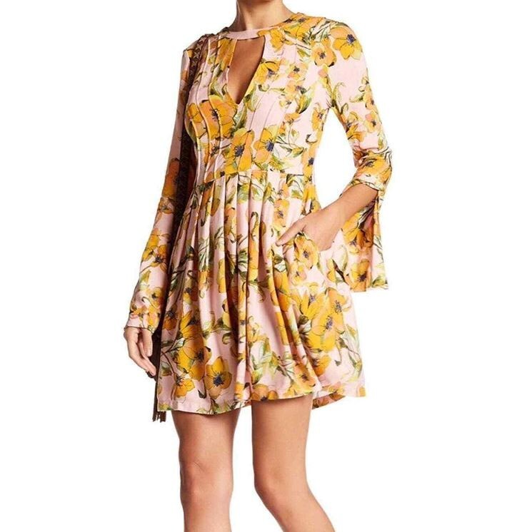 Free People Womens 4 Tegan Mini Dress Floral Print Slit Bell Sleeves Boho