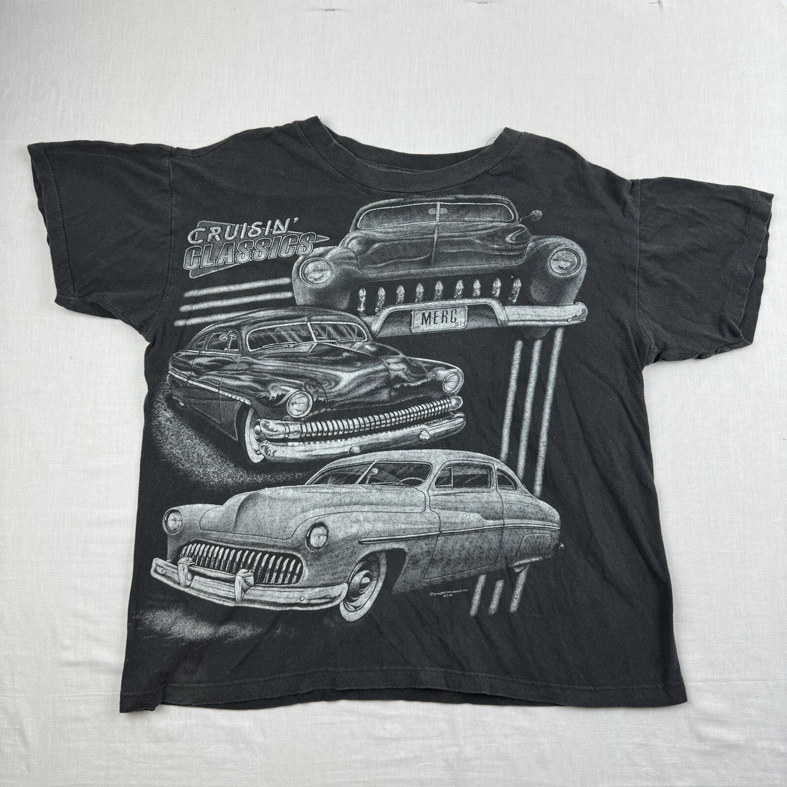 Vintage Classic Cars All Over Print Shirt Adult Large Black 90s Worn Faded USA