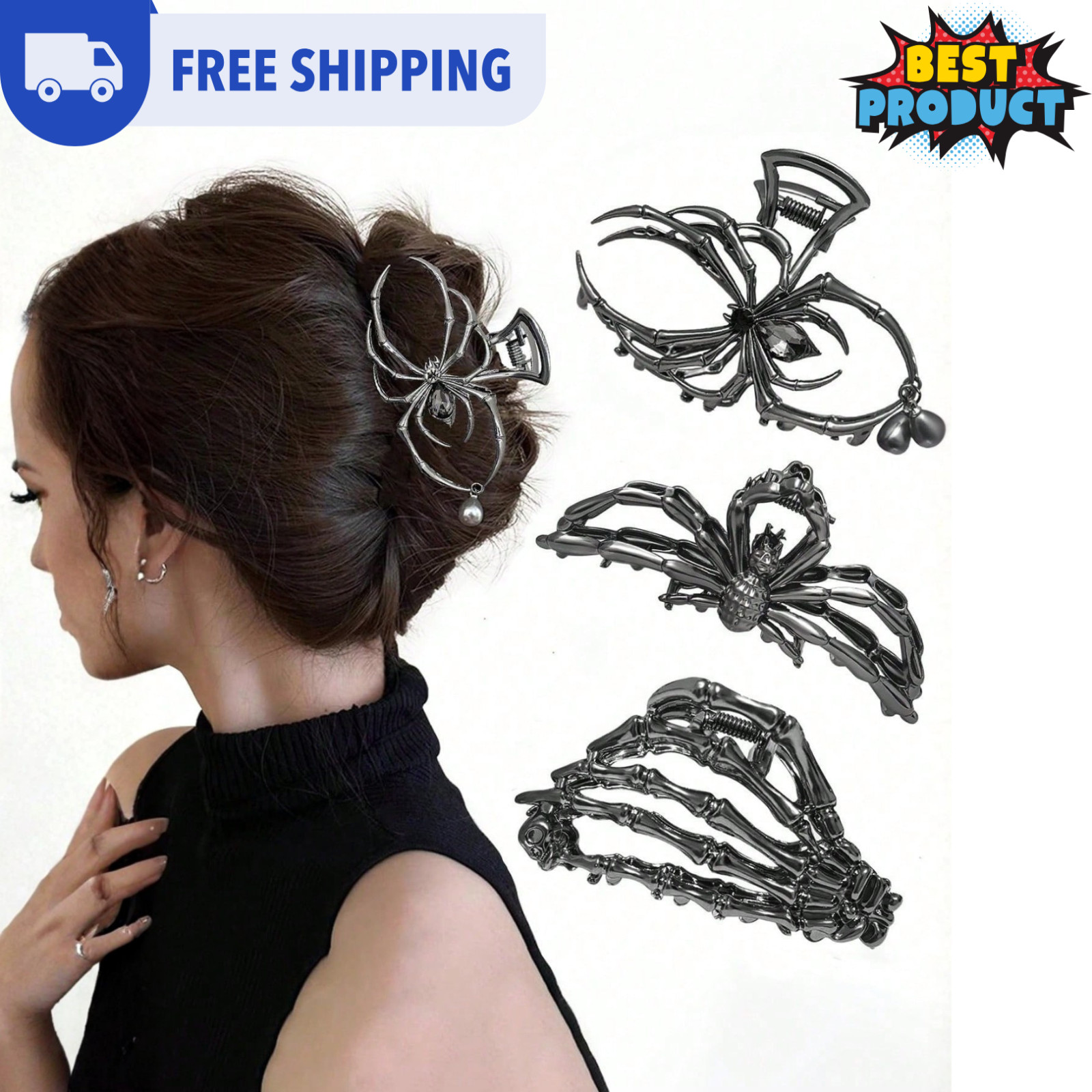 3pcs Metal Gothic Hair Clips Skeleton Hand Skull Spider Halloween Claw Clips US