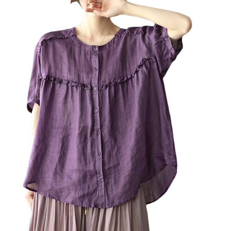 Women’s Cotton Ruffle Trim Blouse Loose Fit Casual Korean Style Solid Color Top