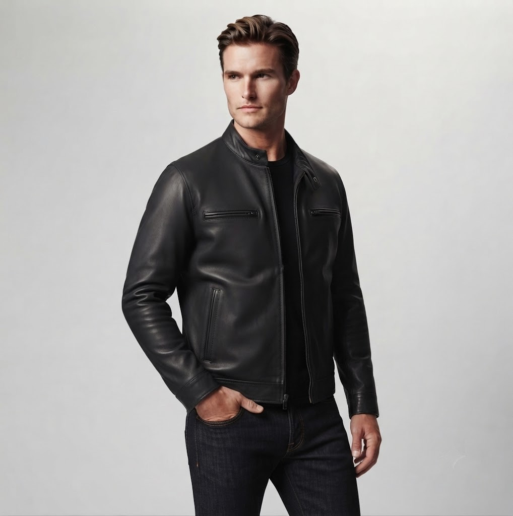 Men’s Black Leather Jacket Real or Faux Leather Cafe Racer Slim Fit Moto Style