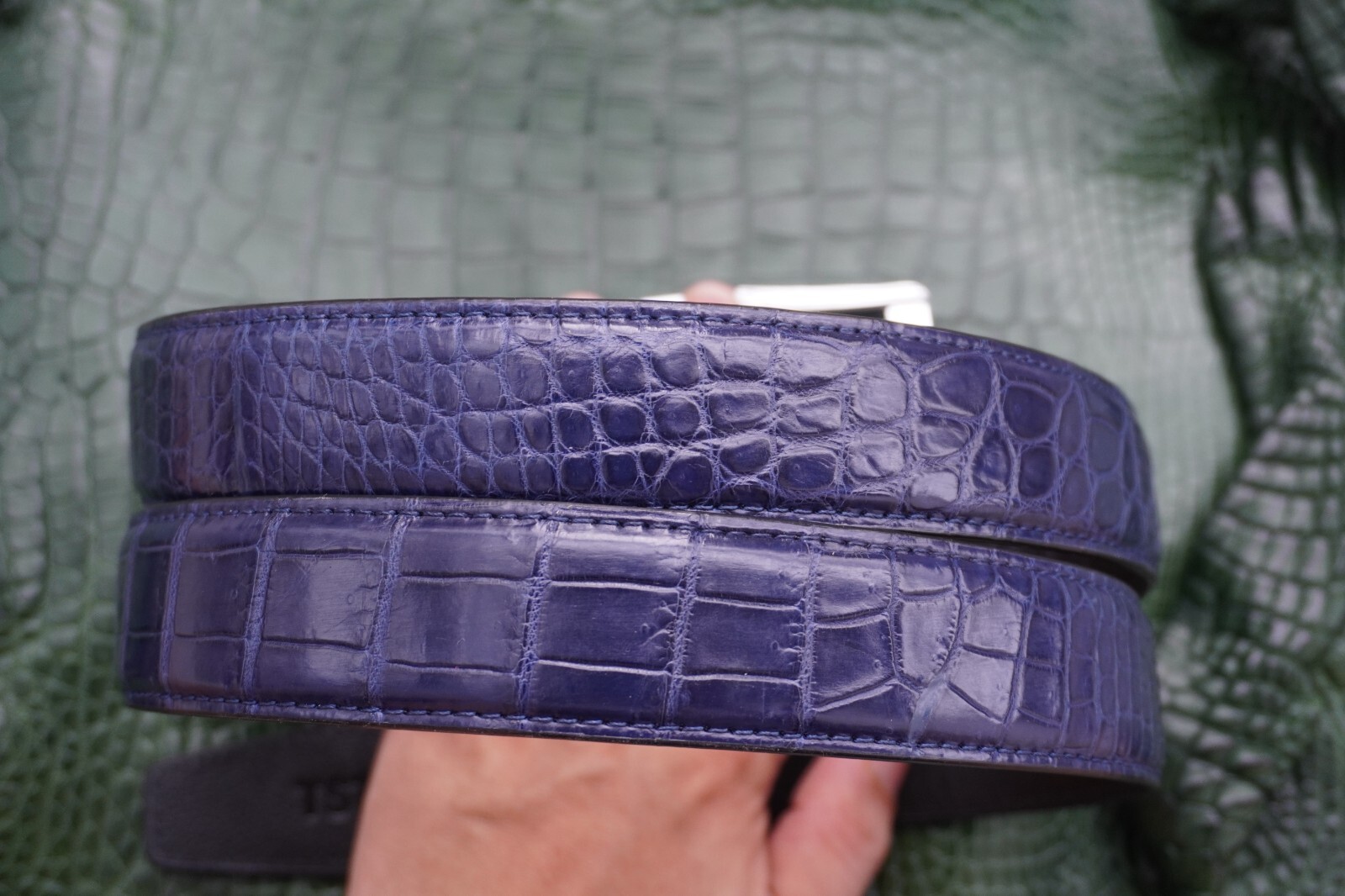 W1.3 inch Blue Real Crocodile Belly Leather Skin Men’s Belt Pin Buckle #L30