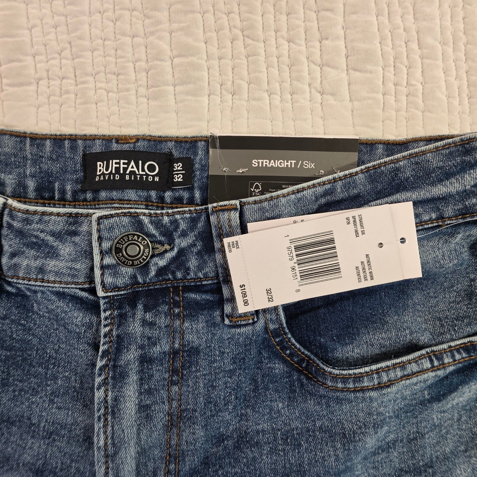 Buffalo David Bitton Straight Six Jeans Mens 32×32 Blue Acid Wash Denim NWT $109