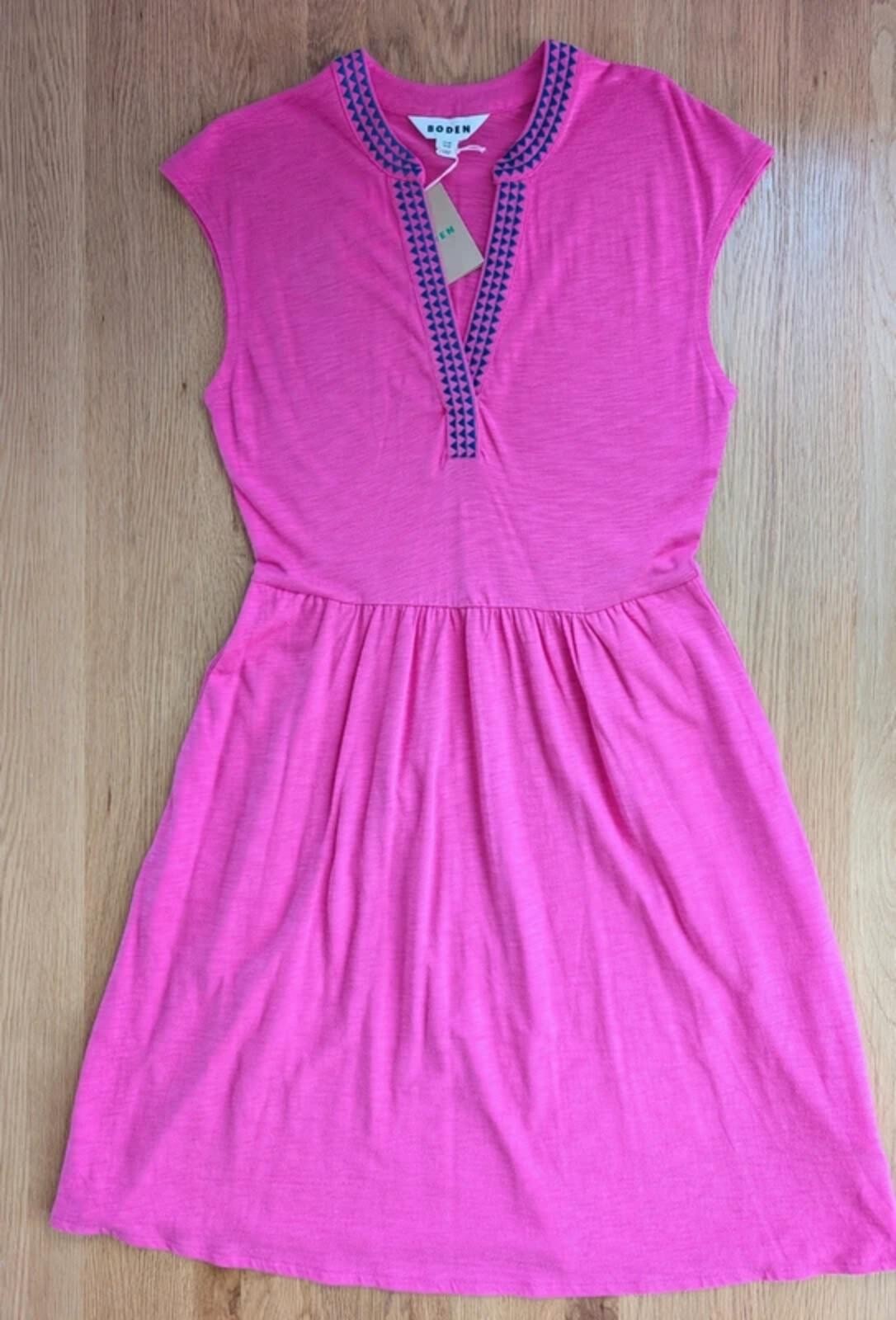 Boden Pink Jersey Dress UK 6 Bright Pink Embroidered Neckline Never Worn