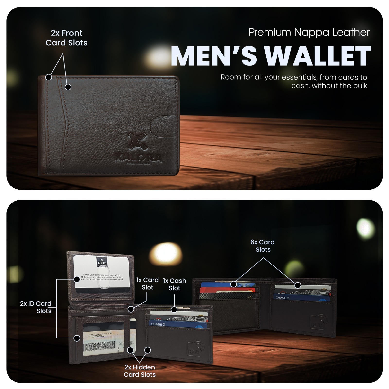XALORA Mens Wallet Genuine Nappa Leather Slim Bifold RFID Blocking – Brown