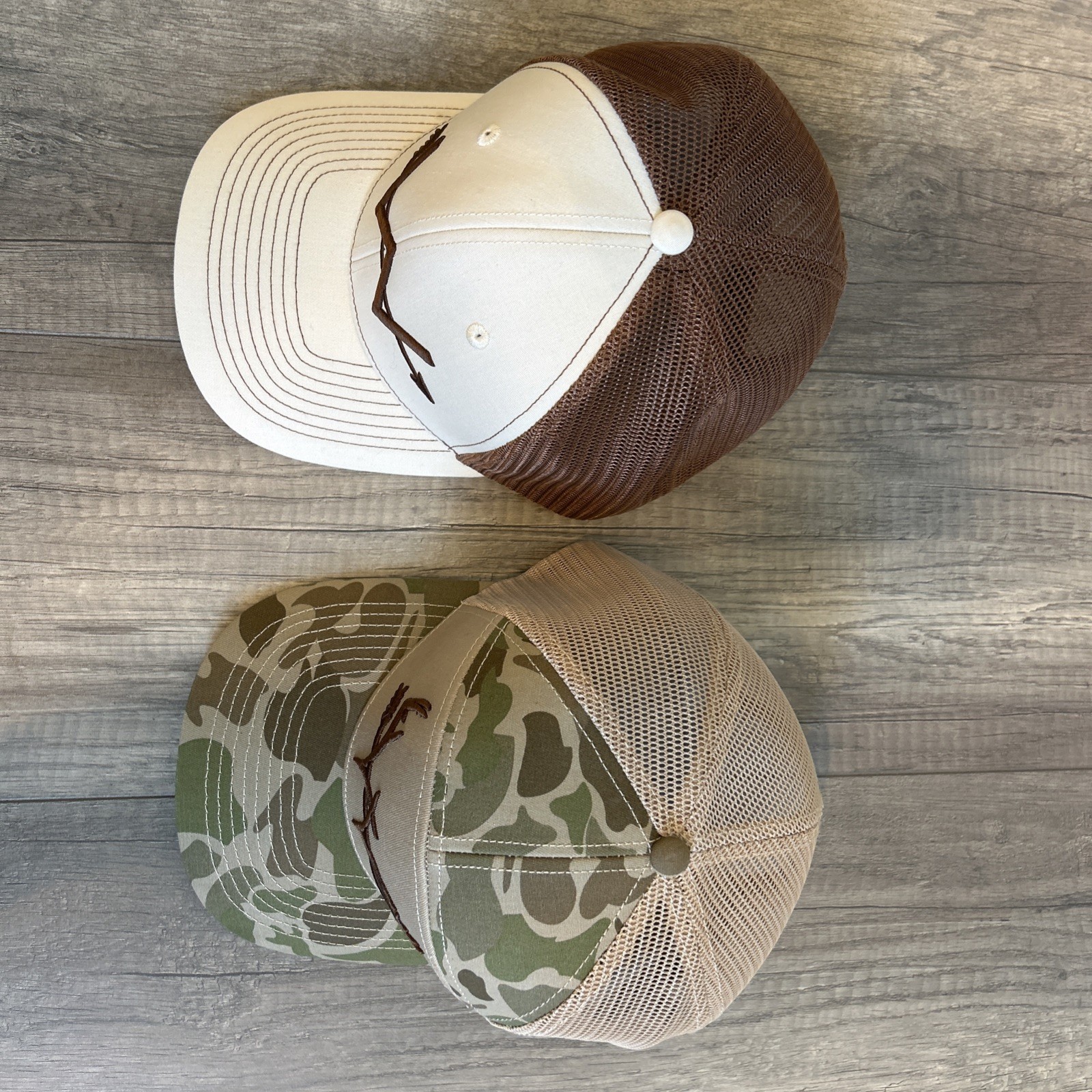 2 Webb Western Camouflage Antler Men’s Hats SnapBack Mesh Brown Beige Lot Pair