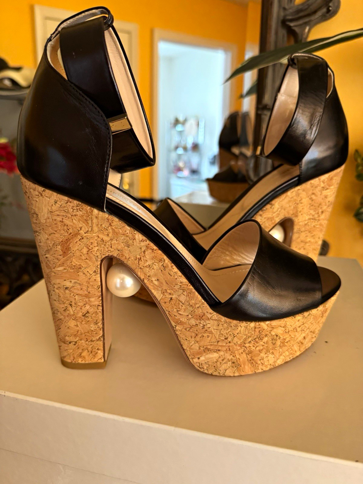 Nicholas Kirkwood Black Leather Open Toe Cork Platform Pearl Ankle Strap 39.5