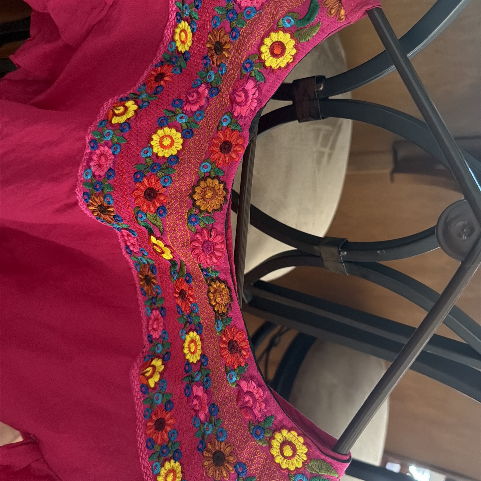 Mexico Embroidery top hot pink floral Peasant top cotton bright colorful L/XL