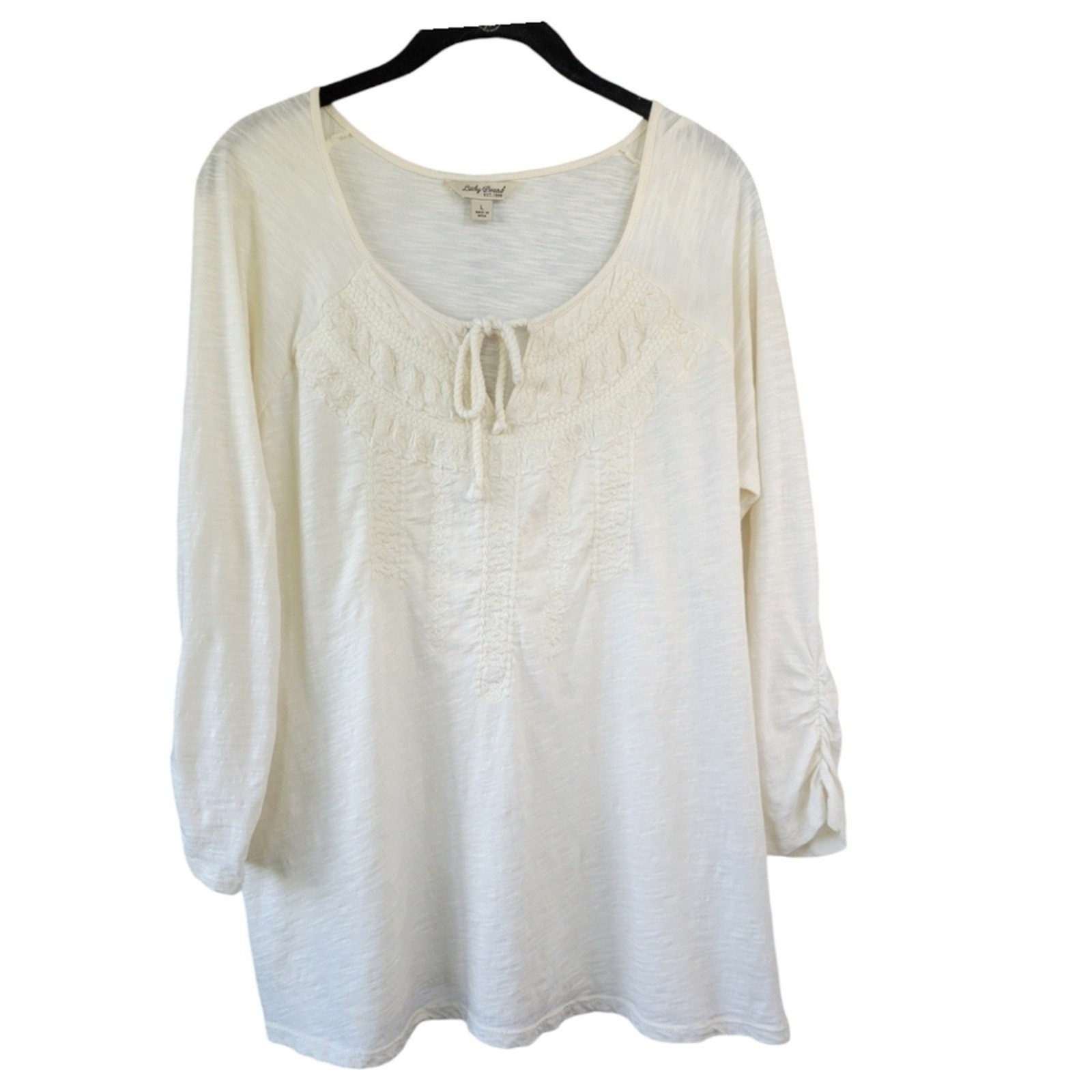 Lucky Brand Sz L Embroidered Cotton Peasant Cottagecore Blouse Top Cream