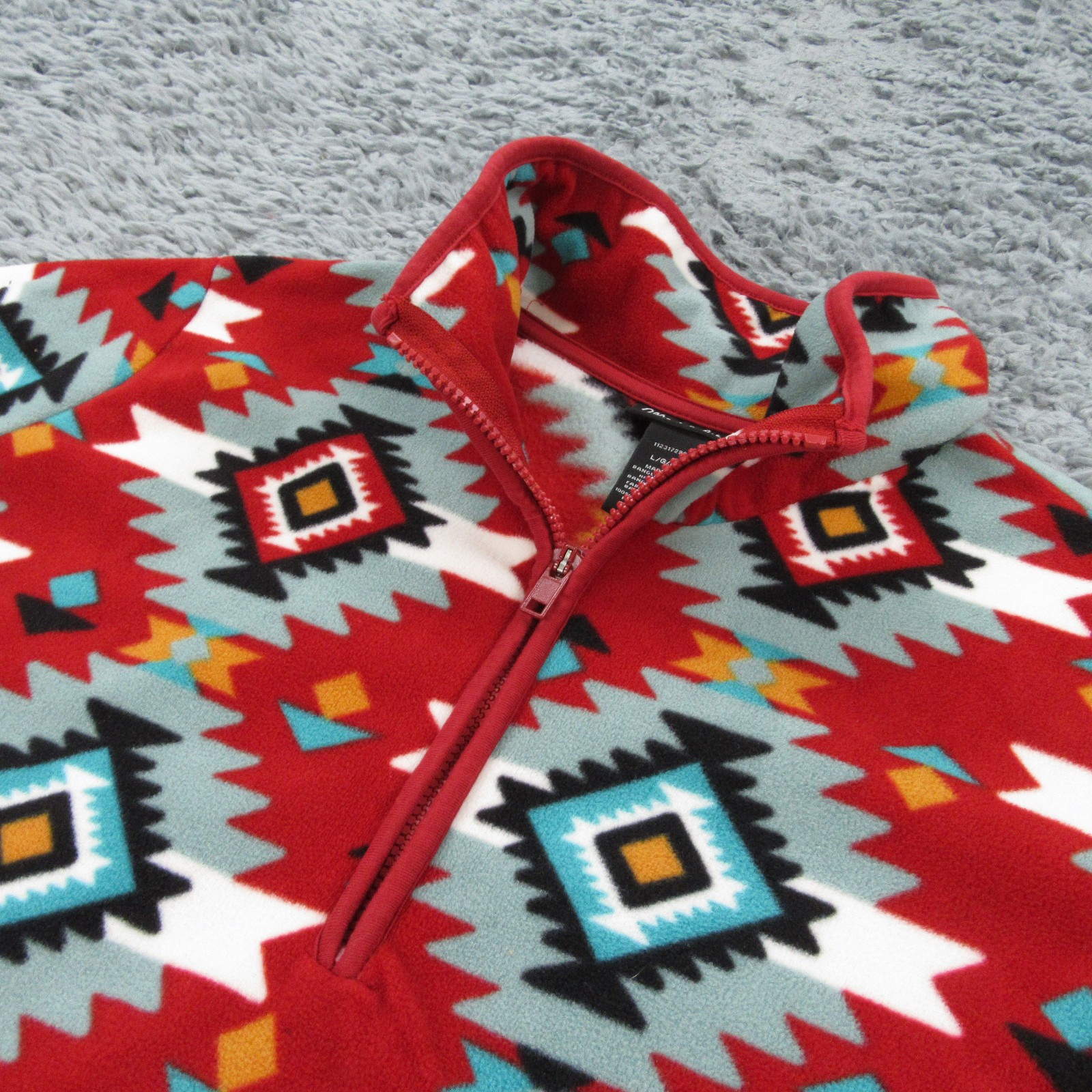 Wrangler Retro Sweater Mens Large Red Aztec Geometric Fleece 1/4 Zip Pockets