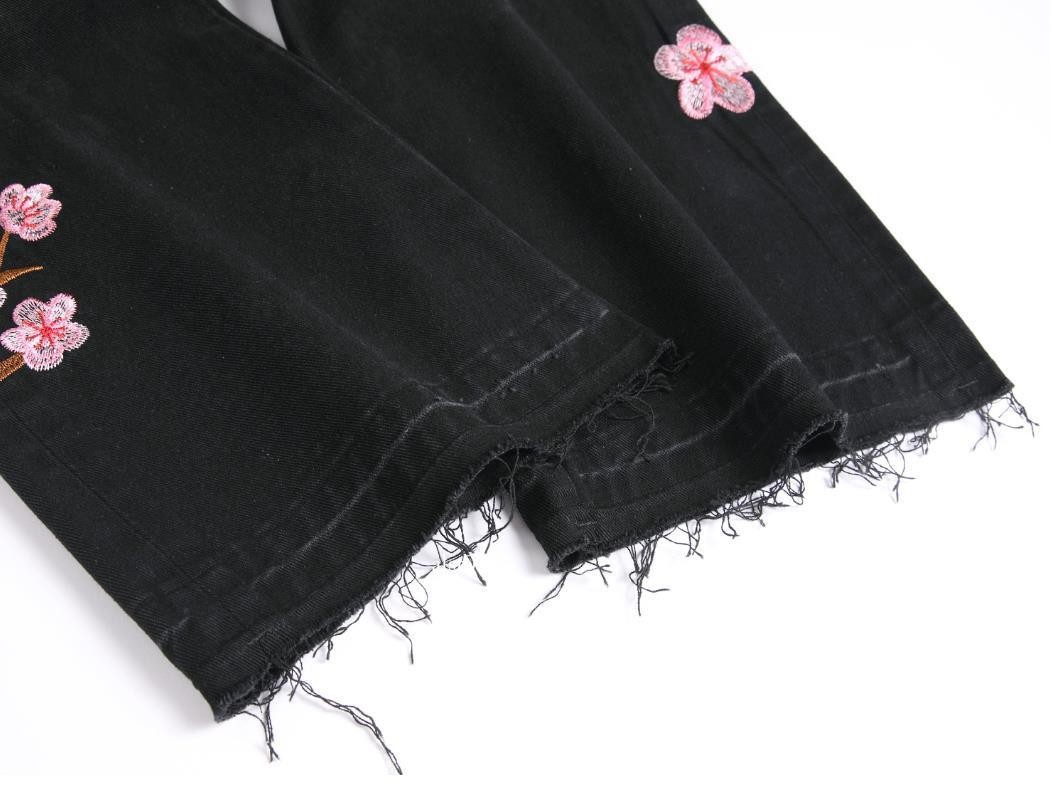 Men’s Black Denim Jeans Straight Leg Casual Pants Floral Embroidery Punk Hip Hop