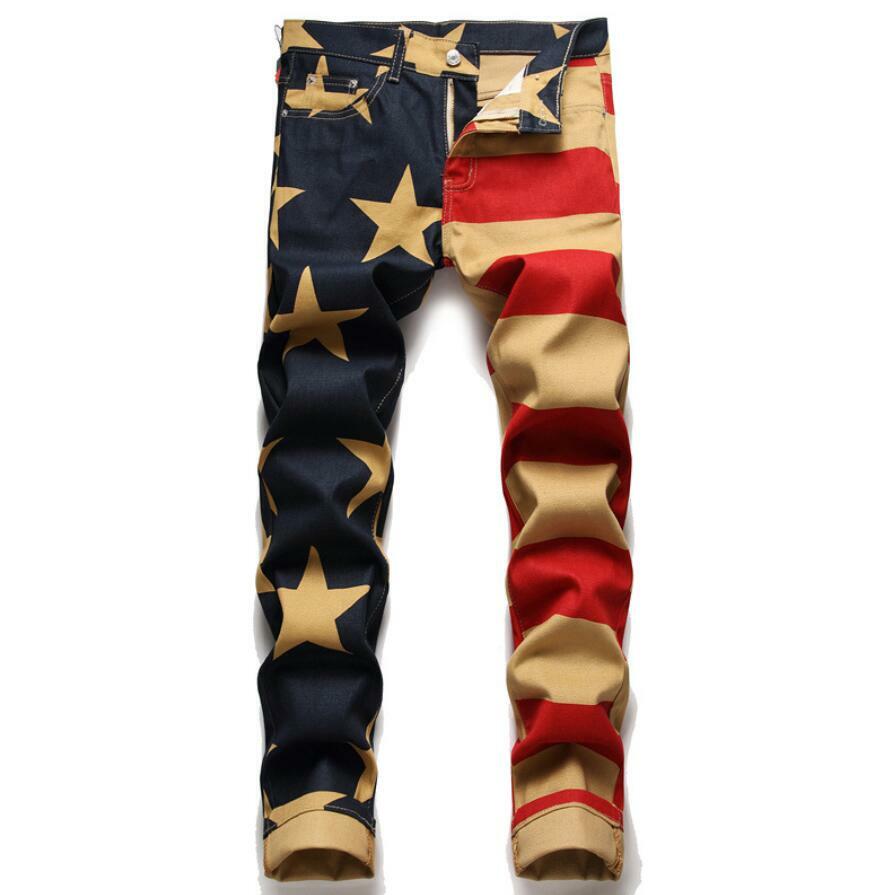 Men’s Flag Printed Straight Leg Stretch Punk Hip Hop Jeans Denim Cotton Trousers