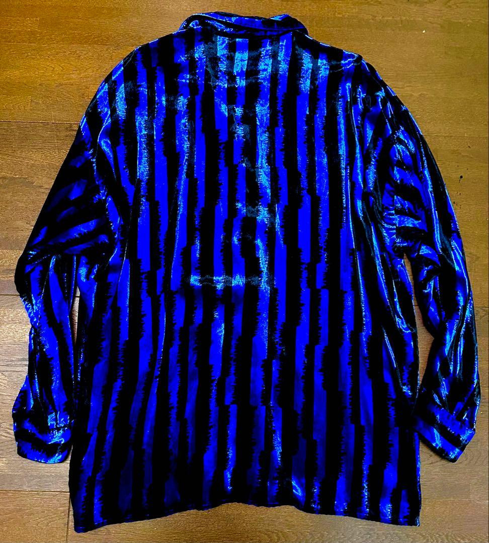 GIANNI VERSACE Men Vintage Velour Dress Shirt Blue Black Size XL Long Sleeve