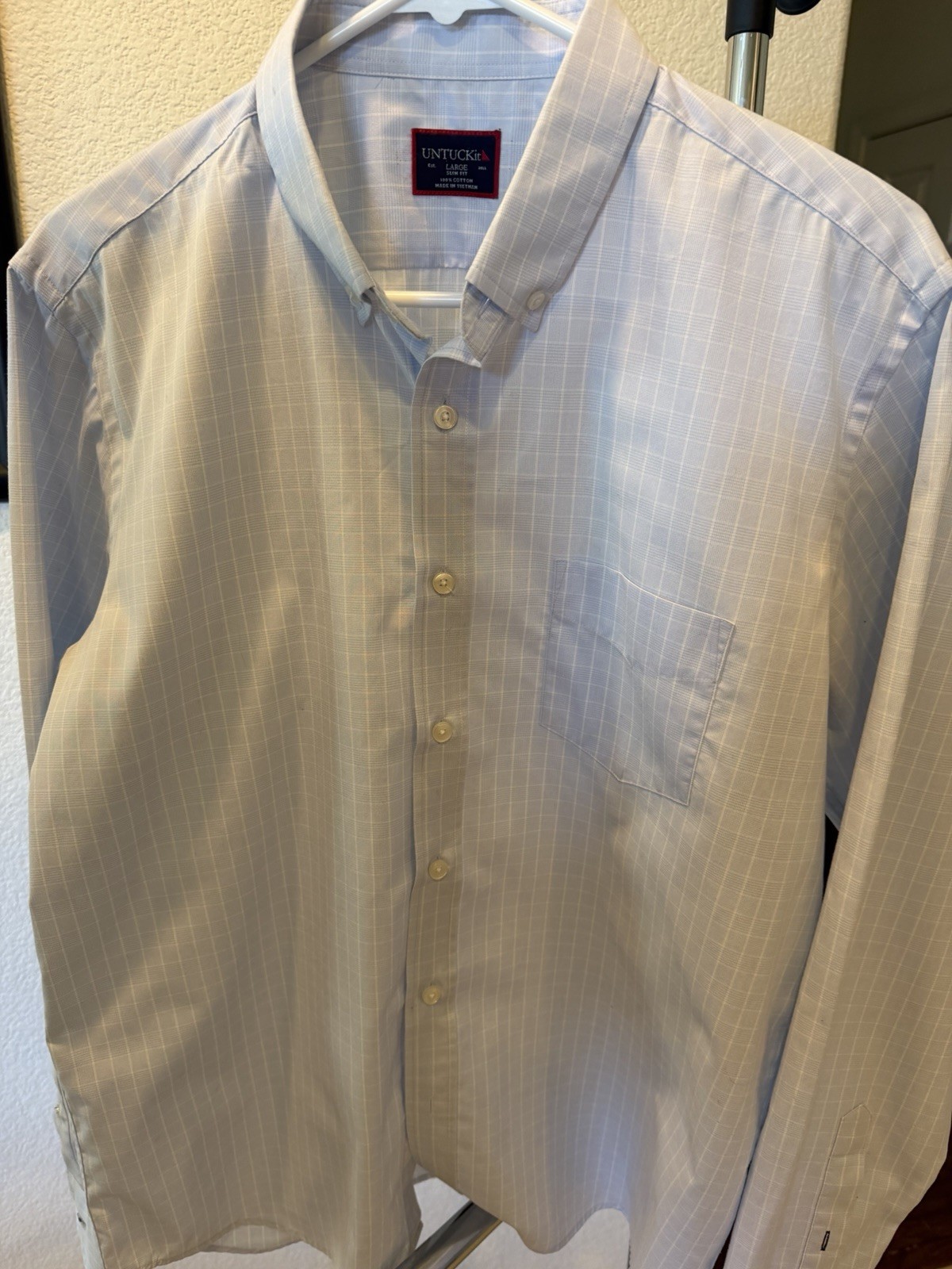 UNTUCKit Mens Large Slim Fit Blue Plaid Long Sleeve Button Down Shirt Stretch