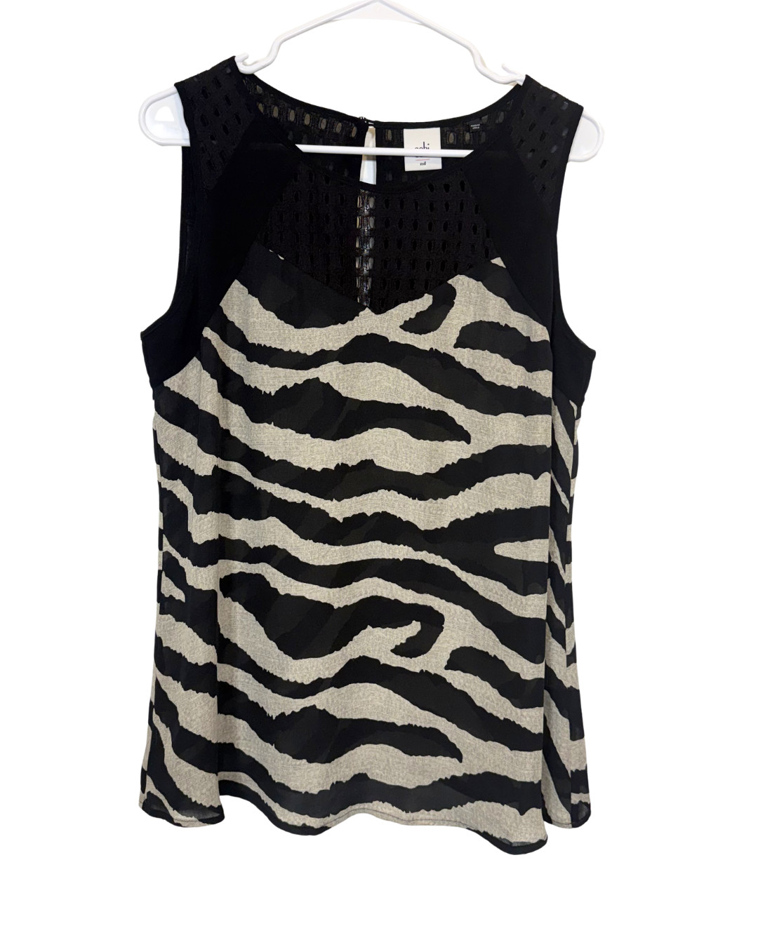 Cabi Medium Zebra Print Sleeveless Blouse Black White Keyhole Back Top