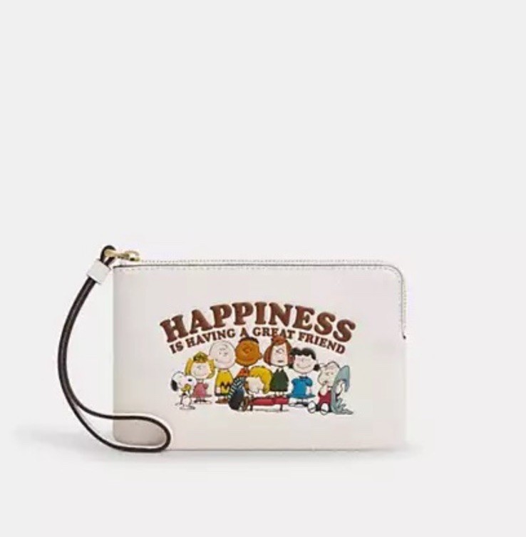 NWT Coach X Peanuts Corner Zip Wristlet In Leather/Gold/Chalk Multi