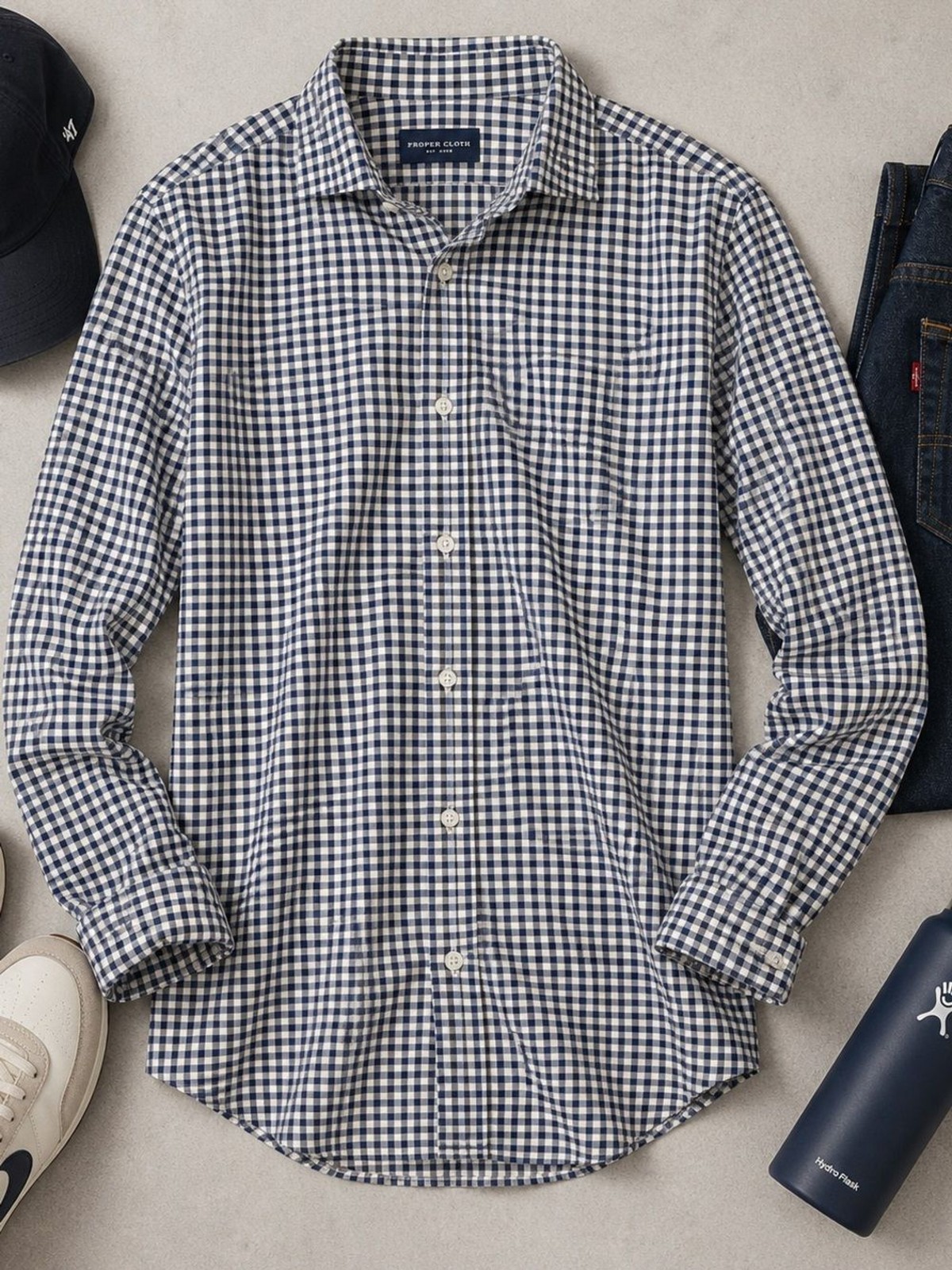 Proper Cloth Men’s Navy Blue Gingham Button Down Shirt 100% Cotton