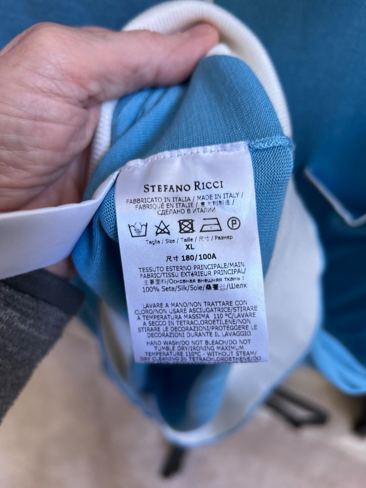 STEFANO RICCI men’s 100% silk quarter zip polo shirt – blue / white – size XL