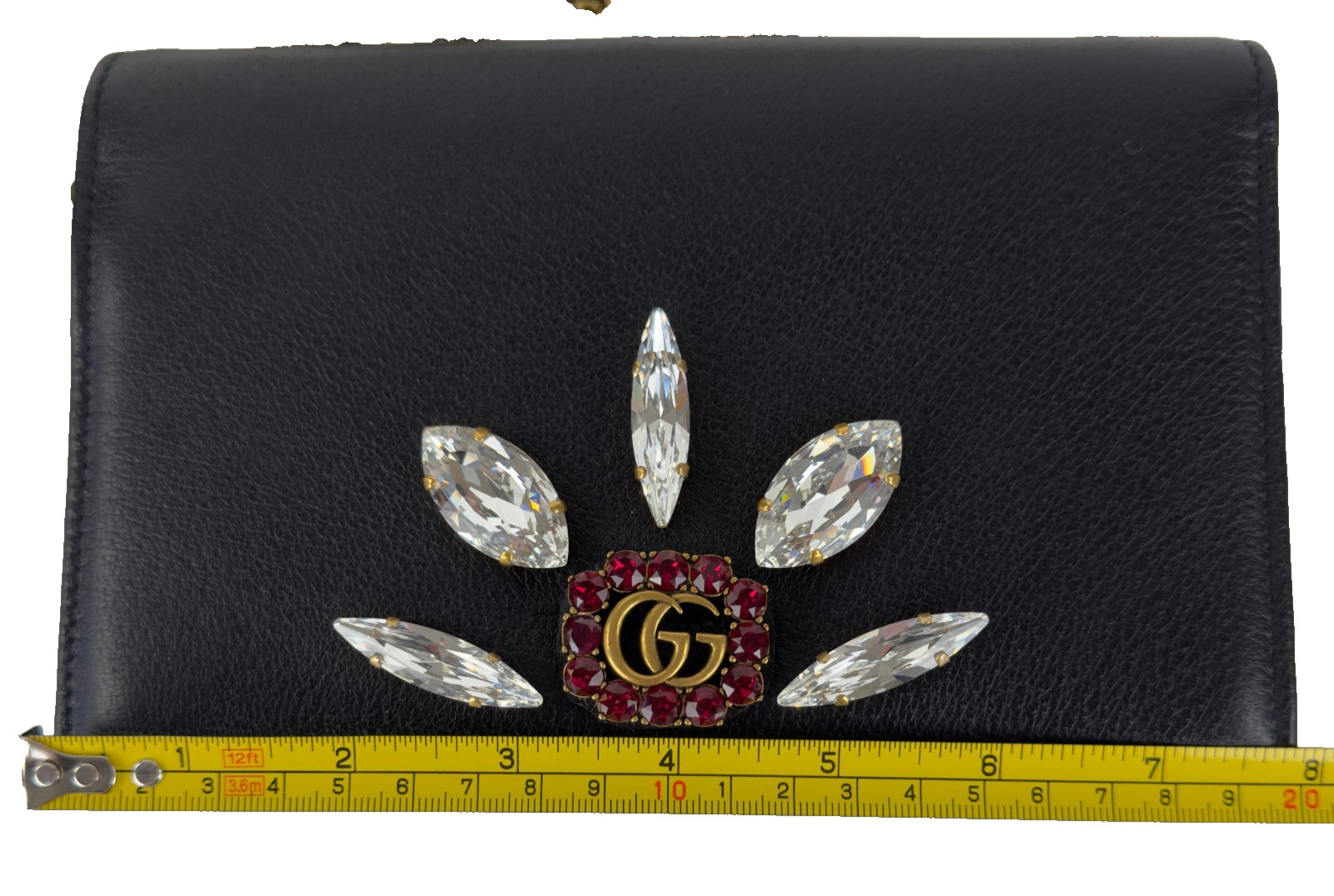Gucci New Auth Black Leather Mini GG Marmont Crystal Wallet Chain Bag Dust Bag