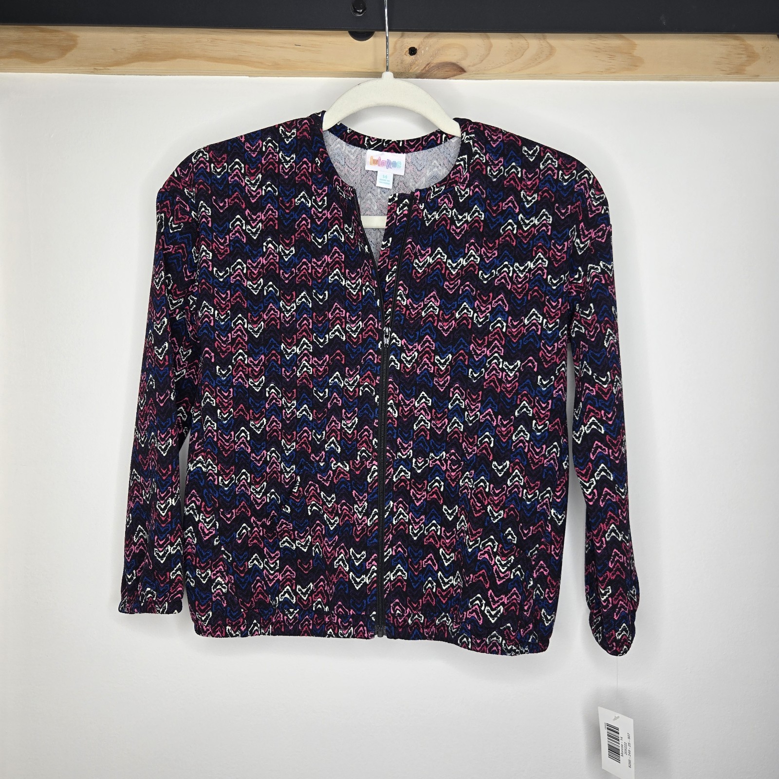 LuLaRoe Monroe Black, Purple, And Pink Blouse With Zipper – Size 14