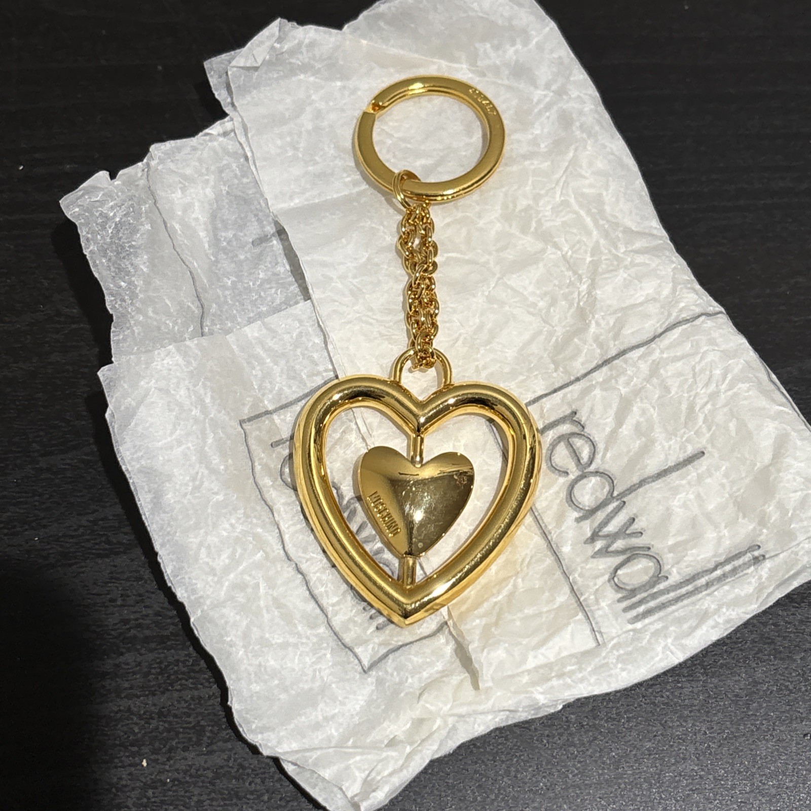 Vintage Moschino By Redwall Keychain Made In Italy Gold Double Heart Bag Charm