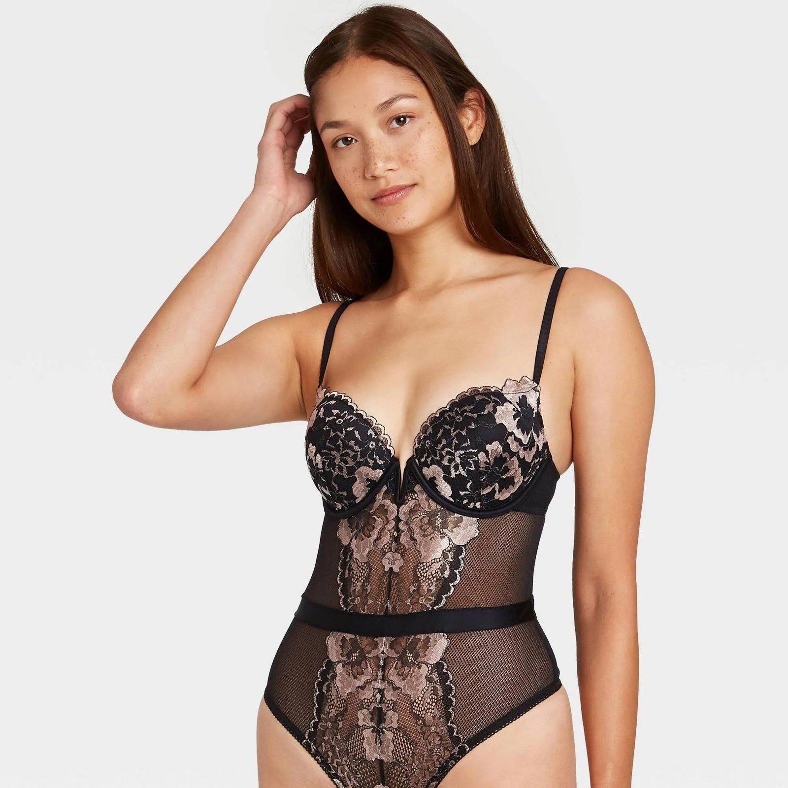 Auden XS Black Floral Lace Mesh Underwire Bodysuit Lingerie