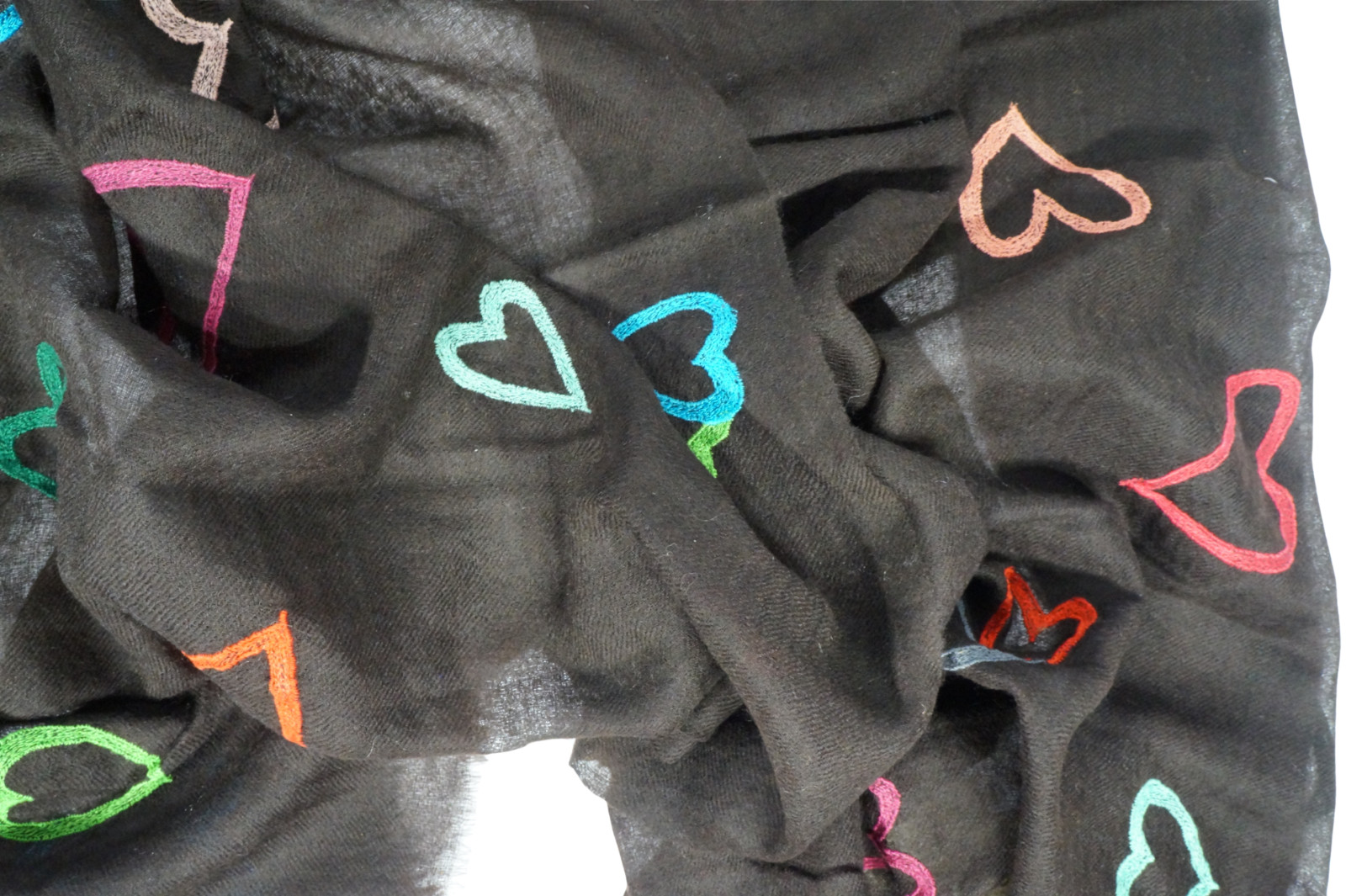 NWT FALIERO SARTI “Cupido” Black w Woven Hearts Cashmere Scarf Italy 26″x69″