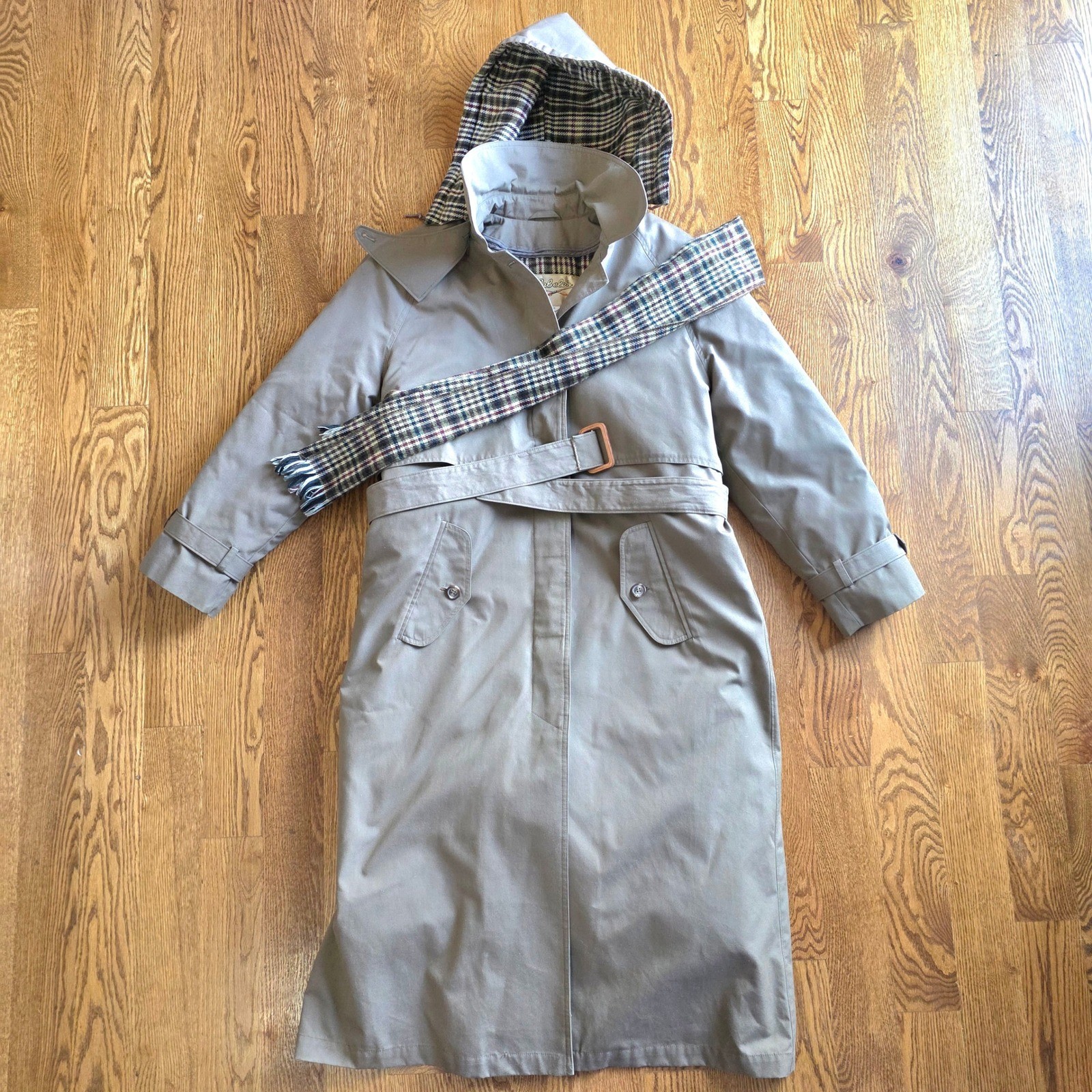 Cabelas Womens Lined Trench Coat Hooded Plaid Scarf Belted Khaki Size S