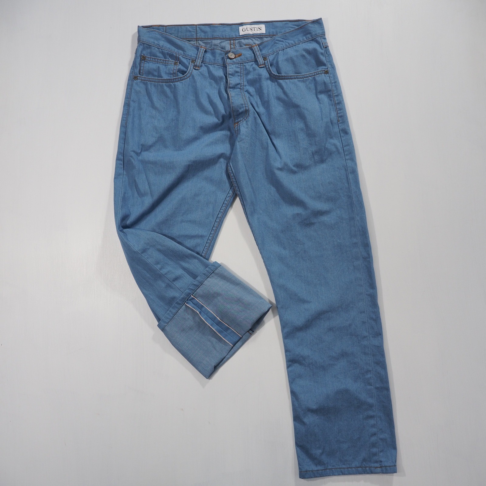Gustin Jeans Mens 37 Blue Selvedge Straight Fit Lightweight Denim Button Fly