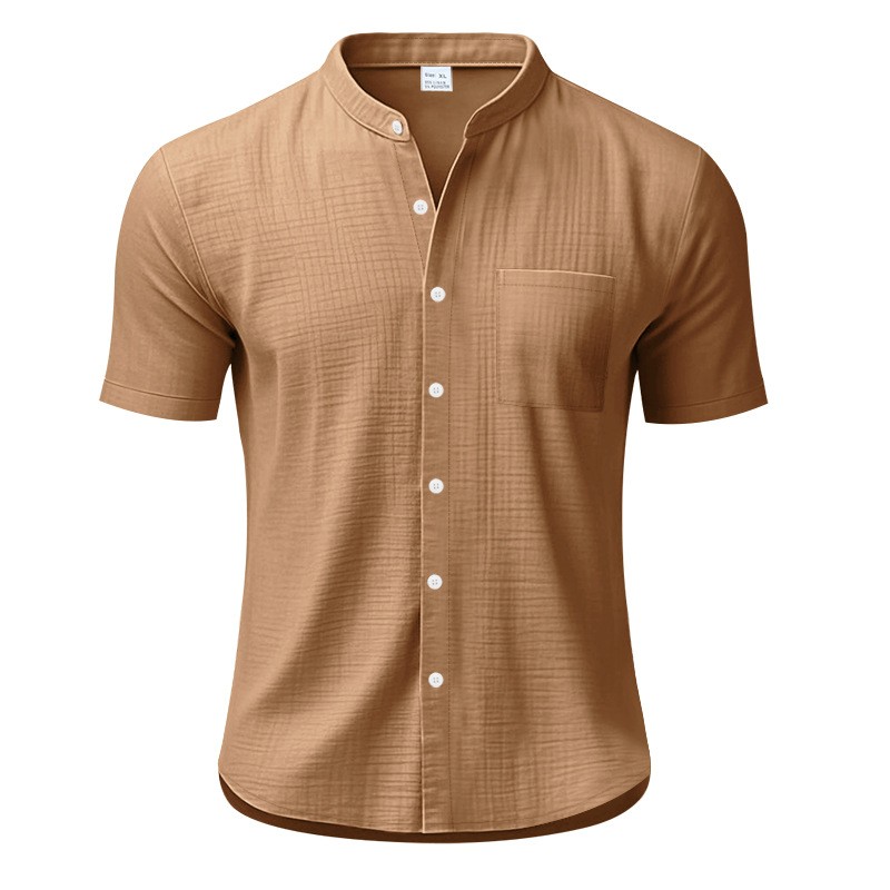Summer Solid Stand Collar Pocket Loose Casual Shirt Tee