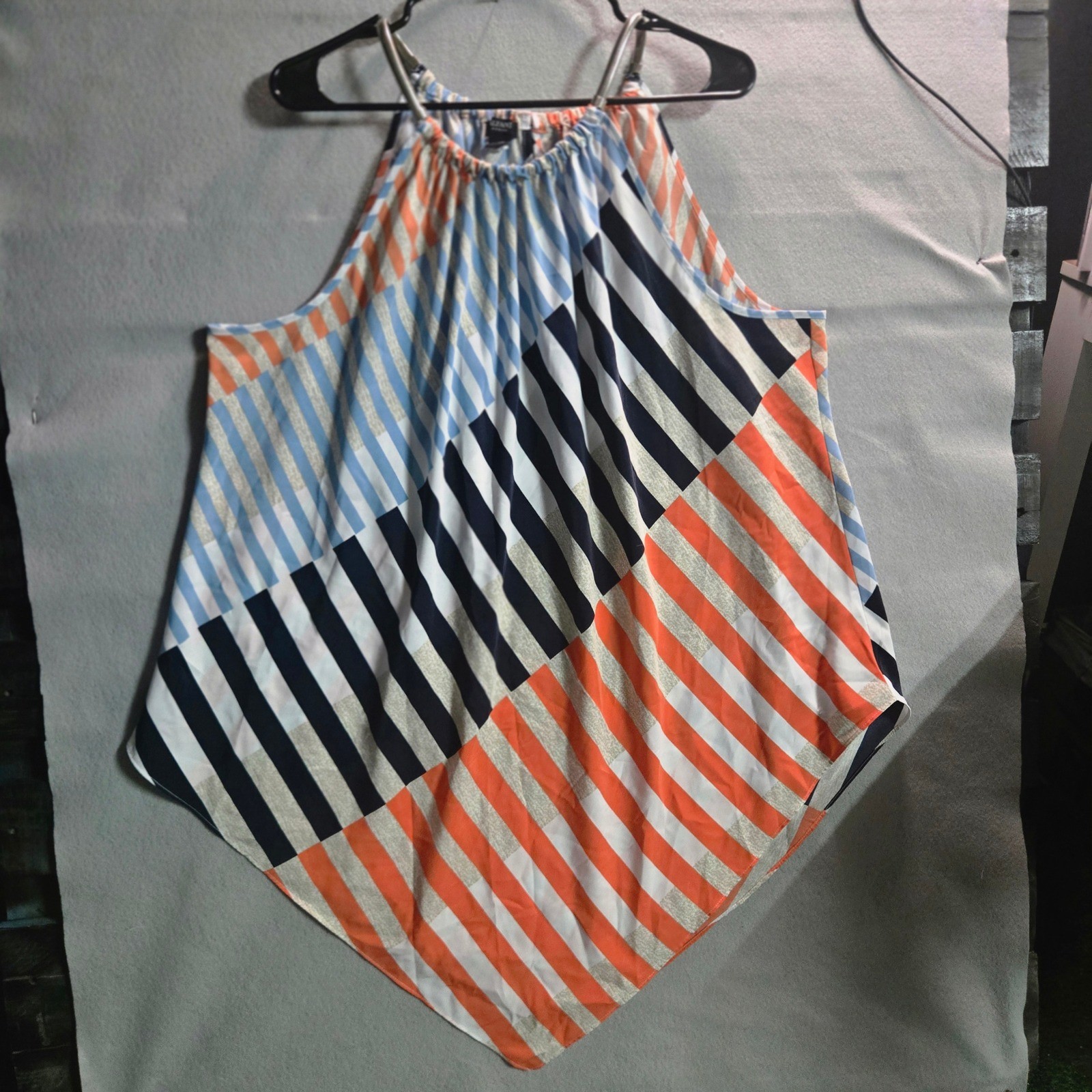 Alfani Woman 3X Halter Top Geometric Striped Handkerchief Hem Blouse Orange Blue