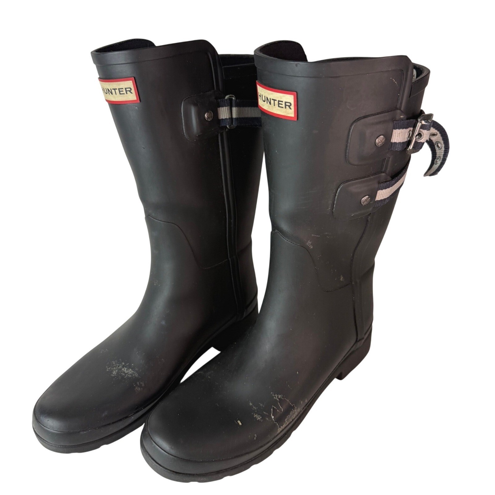 Hunter Refined Back Strap Rain Boots Matte Black Rubber Womens 7 EU 38