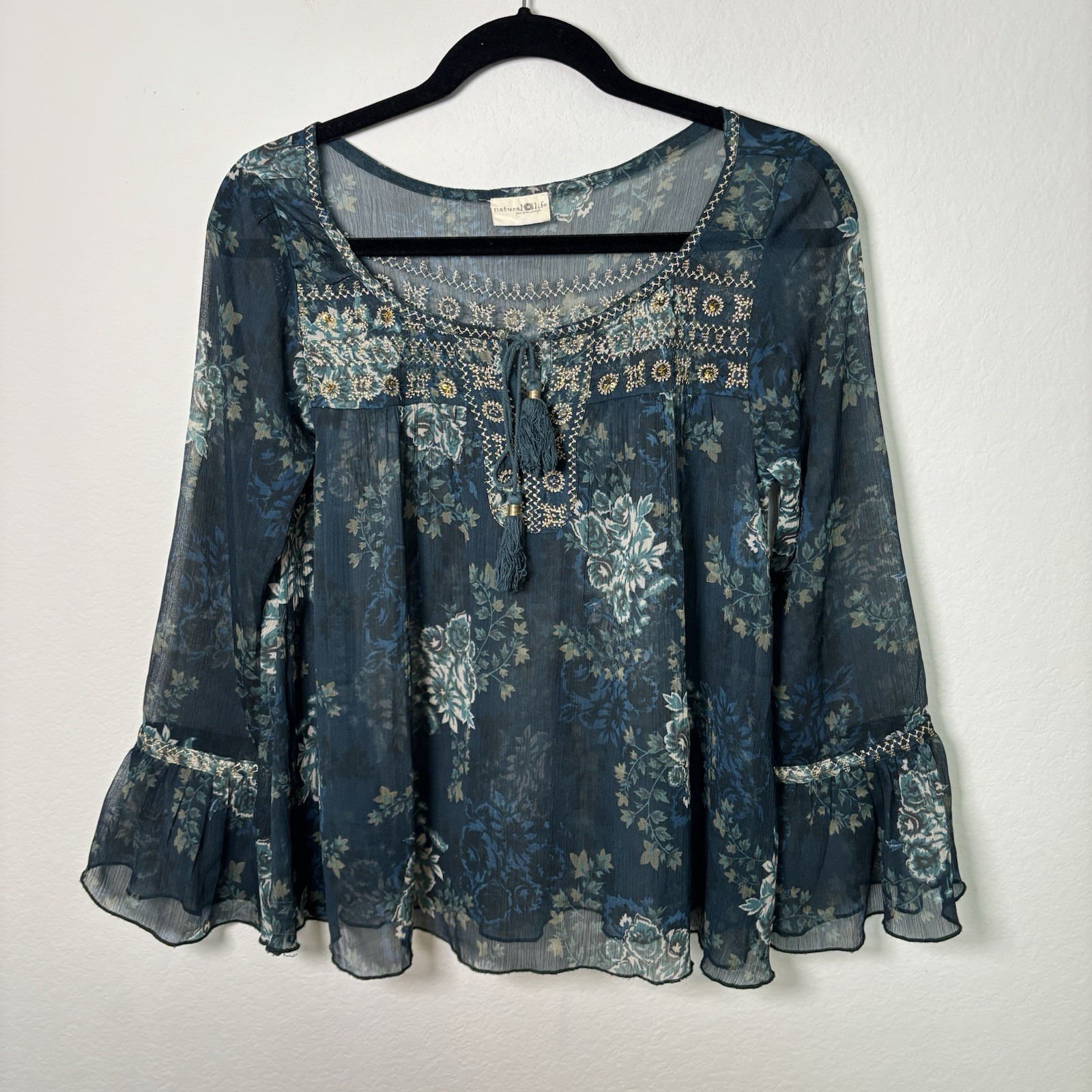 Natural Life Women’s Blue Floral Boho Bohemian Tie Peasant Long Sleeve Top Sz S