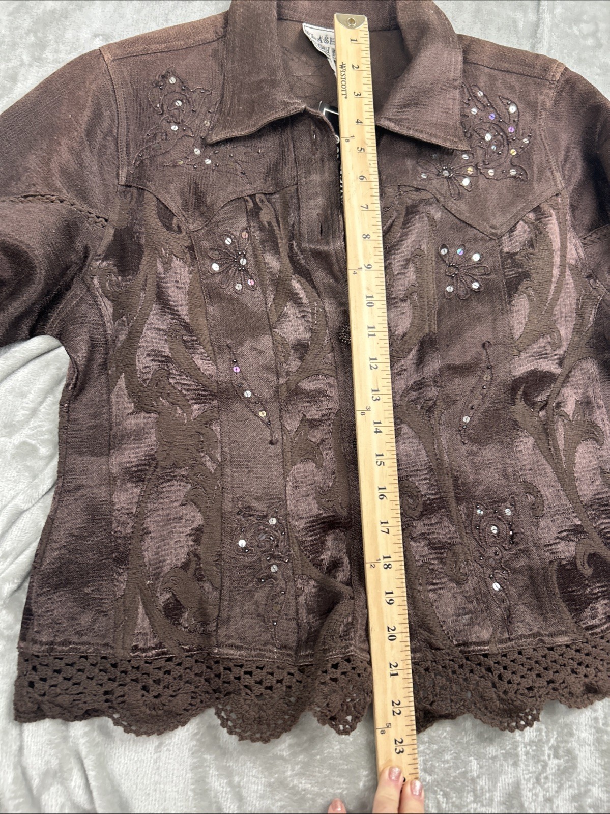 Flashback Couture Women’s Jacket Sz M Brown Embroidered Sequin Crochet Hem Boho