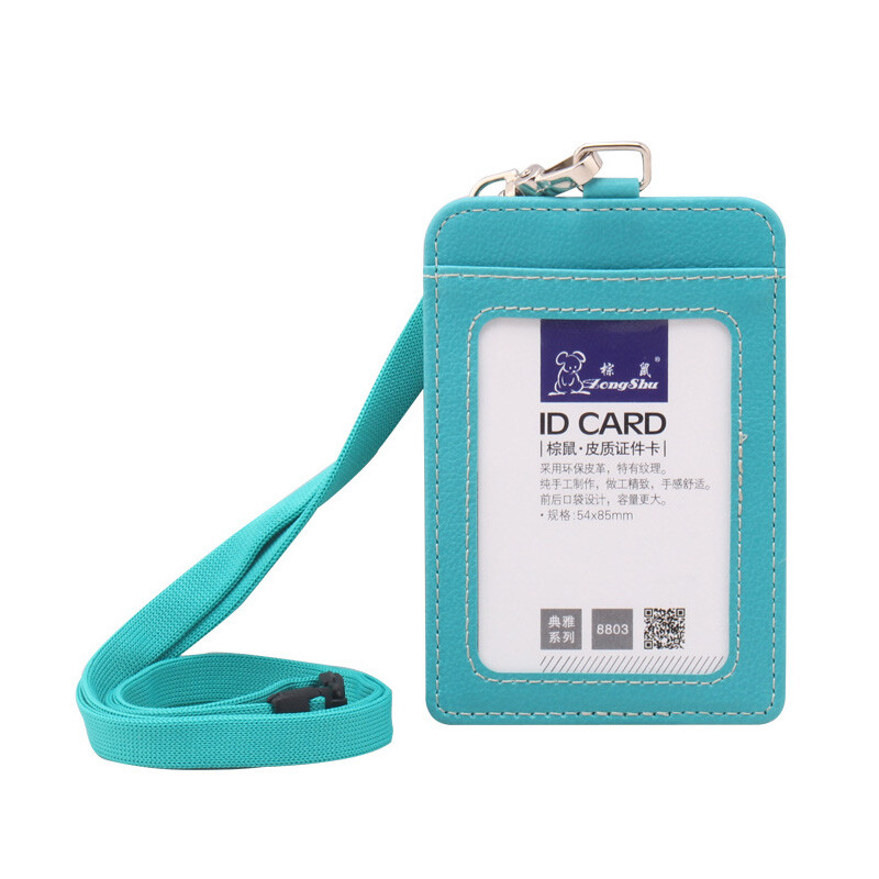 ID Badge Card Holder Pu Leather Vertical Clip Neck Strap Lanyard Necklace Case