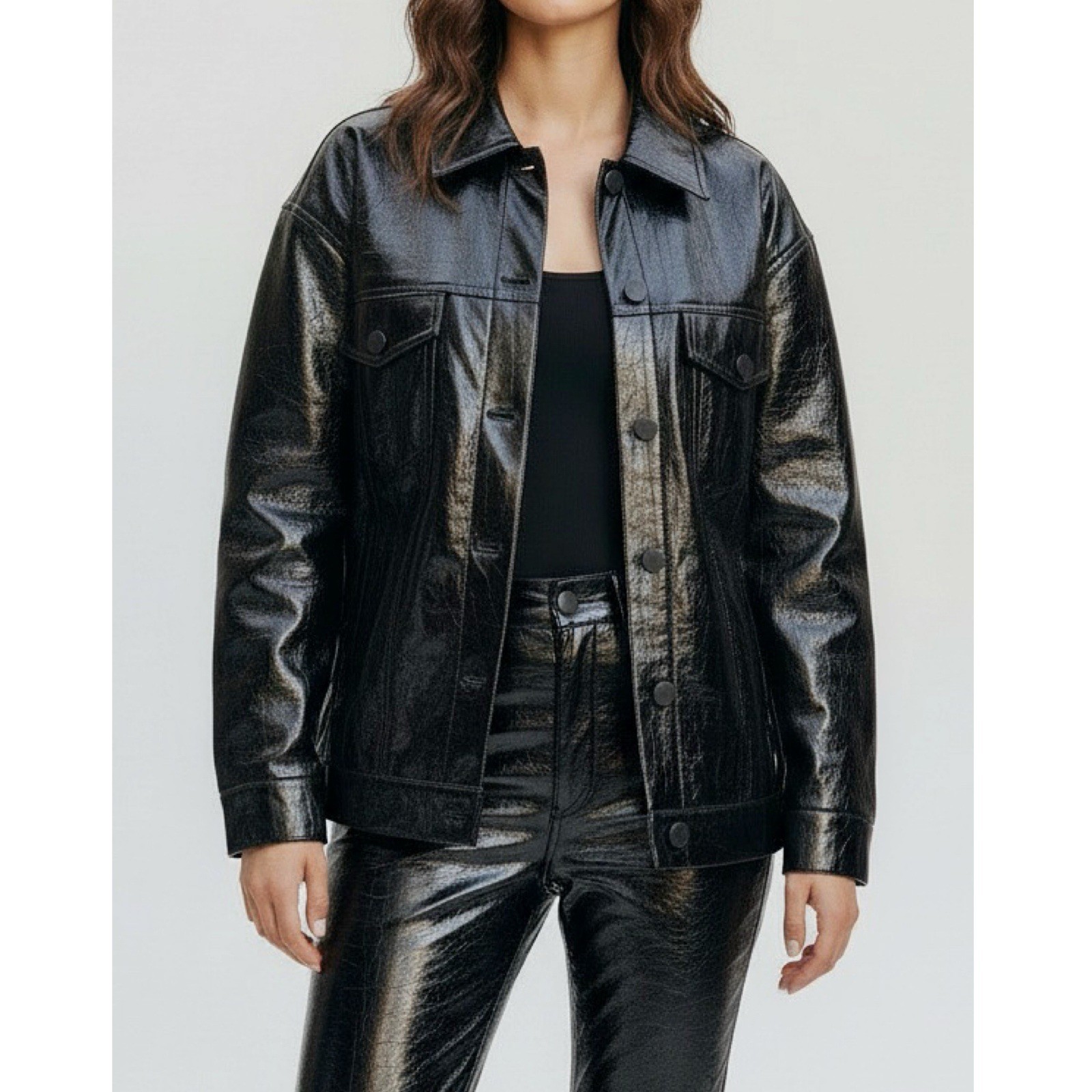 $225 NWT GOOD AMERICAN Faux Crinkle Leather Oversized Puffer Jacket, Black, L/XL