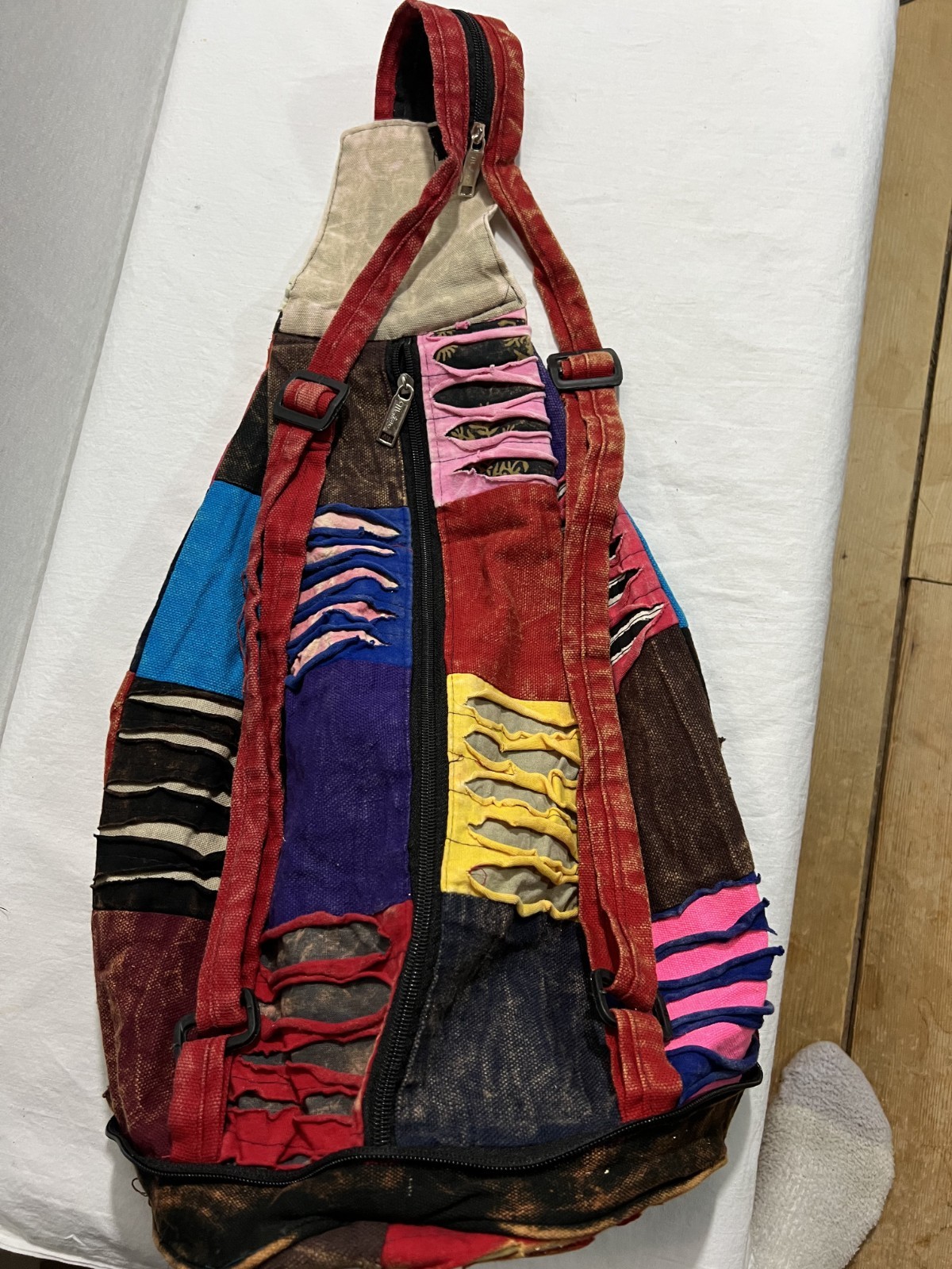 NWOT Patchwork Cotton Fold up Backpack Stonewash Multicolor Peace Sign ~15 x16″