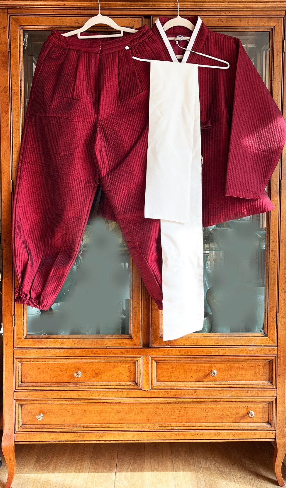 S-M Traditional Korean Modern Hanbok Set-Quilted Nubi Burgundy Top/ Pants /Scarf
