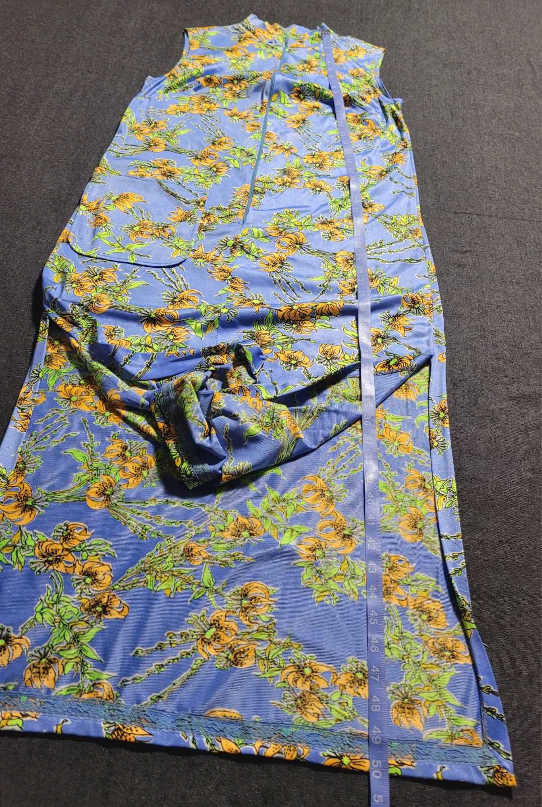 Vintage 60s 70s Blue Yellow Floral Maxi Leg Slits Sleeveless Size M Pocket Zip